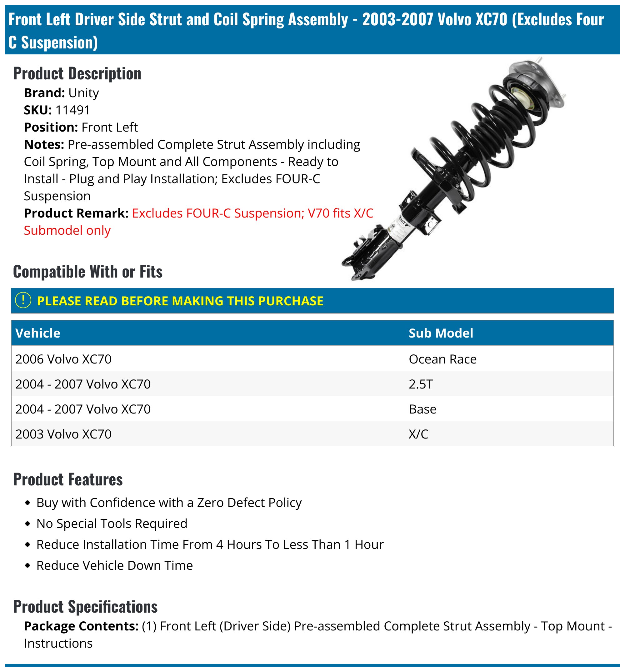 2003-2007 Volvo XC70 Strut Assembly - TRQ SCA65384 - Rear