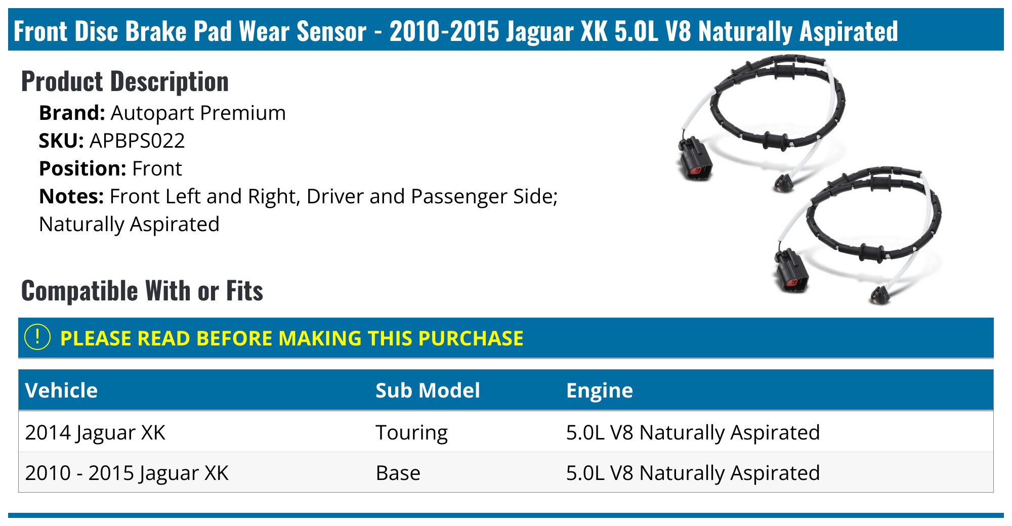 Newparts Front Disc Brake Pad Wear Sensor XHJB012 For Jaguar XE RWD