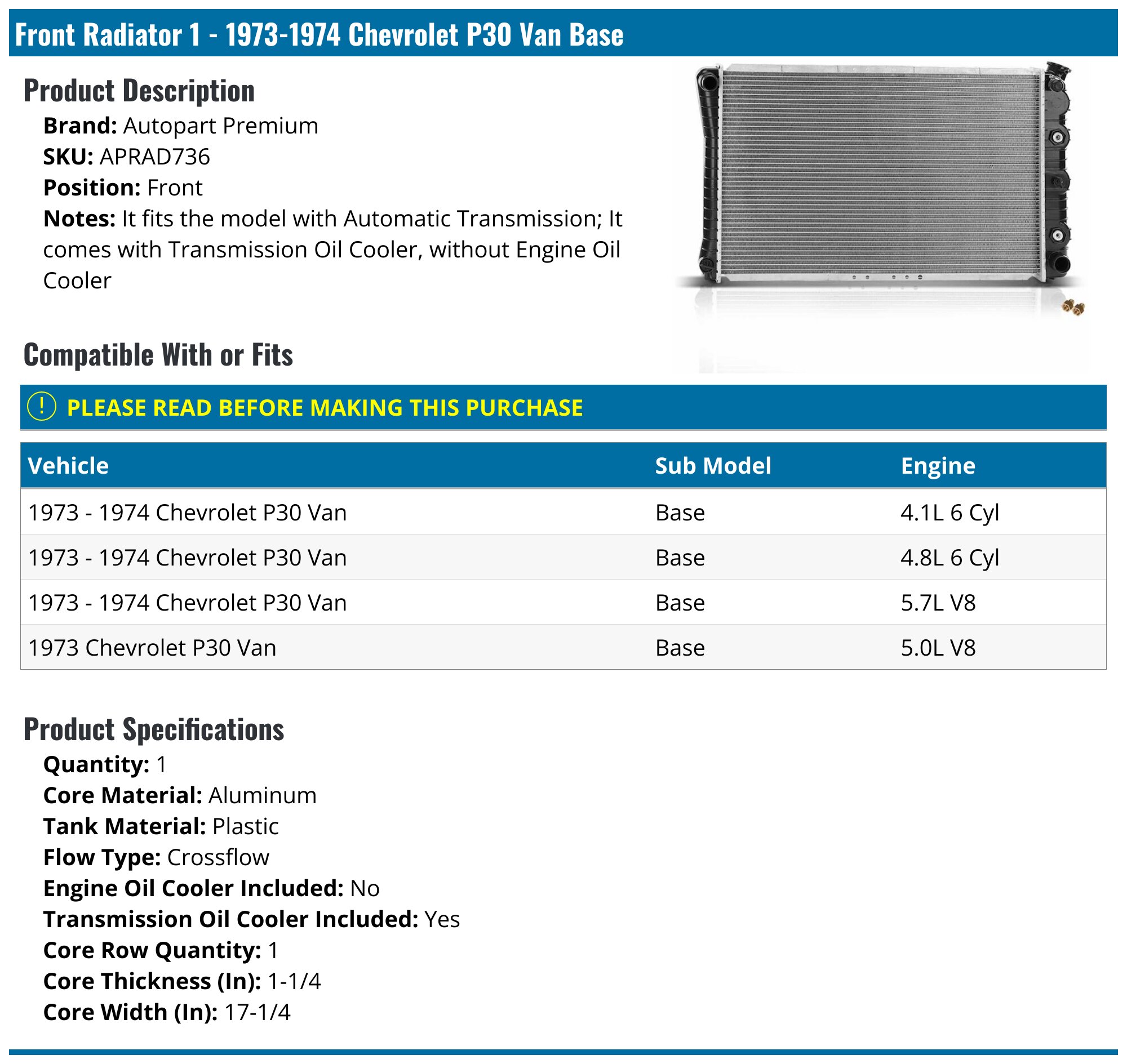 Front Radiator Van 1973-1974 Chevrolet P30 Van Radiator - Autopart Premium APRAD736 ...