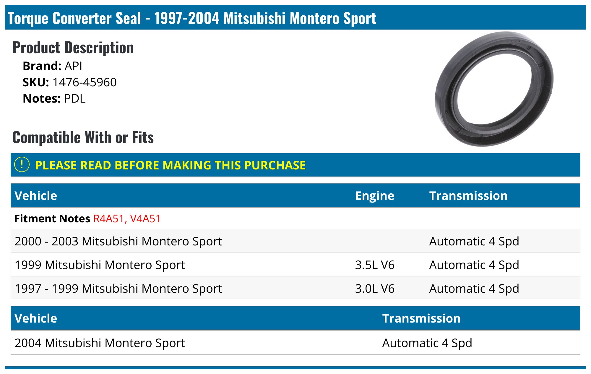 19972004 Mitsubishi Montero Sport Torque Converter Seal API 714507994673