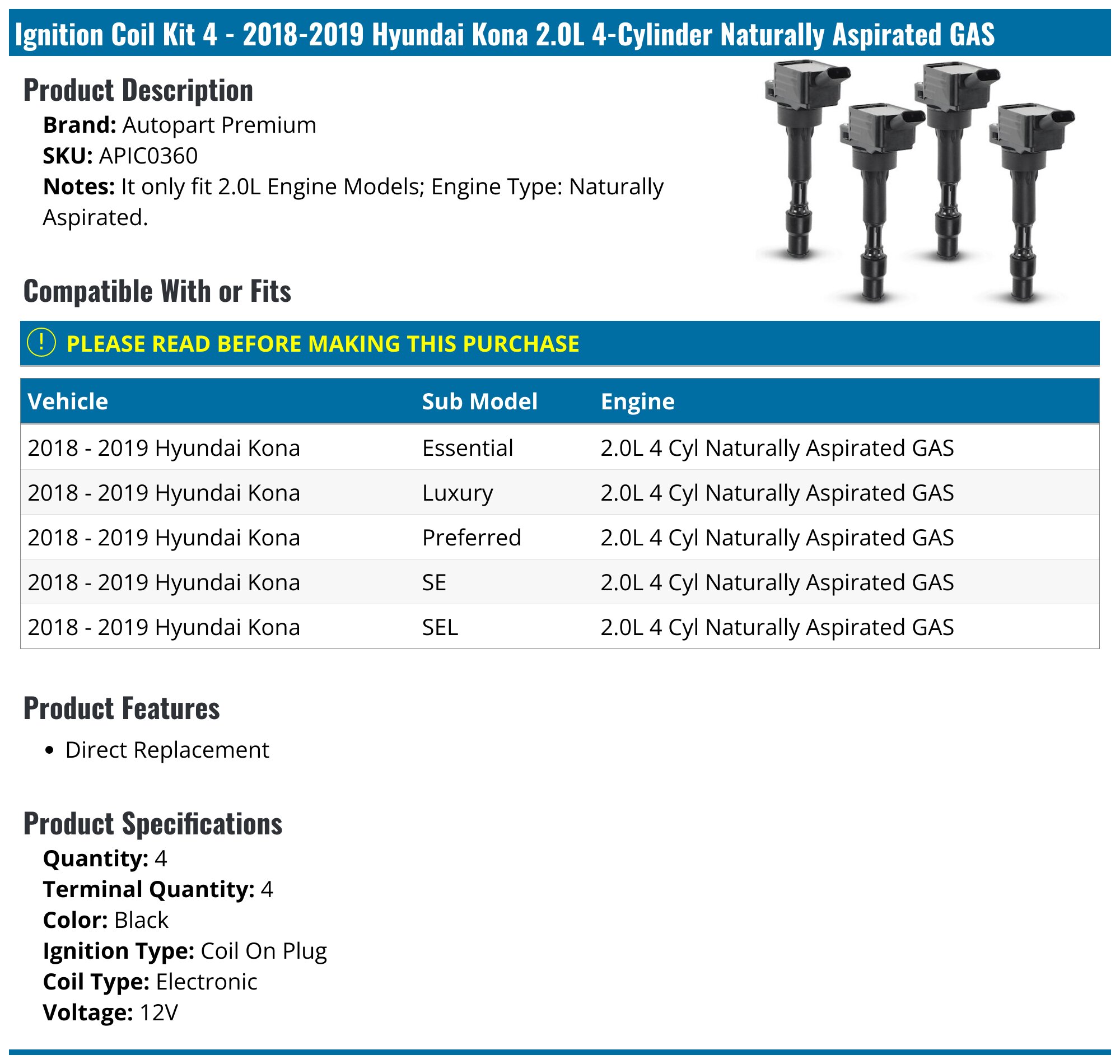 UF816 Ignition Coil Pack 27300-2E601 and Iridium Spark Plugs Set of 4