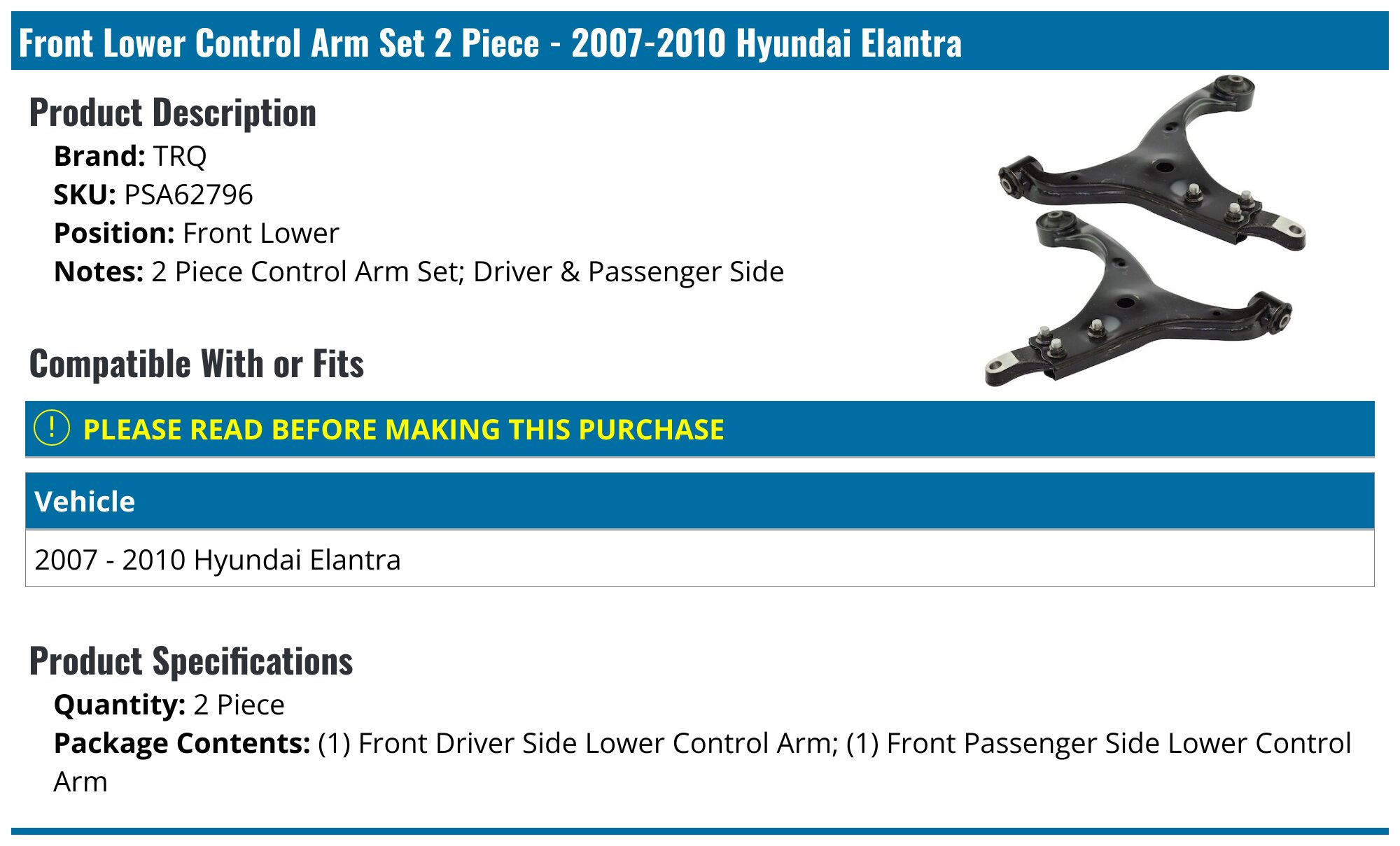 AM Autoparts Front Left Lower Control Arm For Hyundai Elantra 2007-2010 - 545002H000