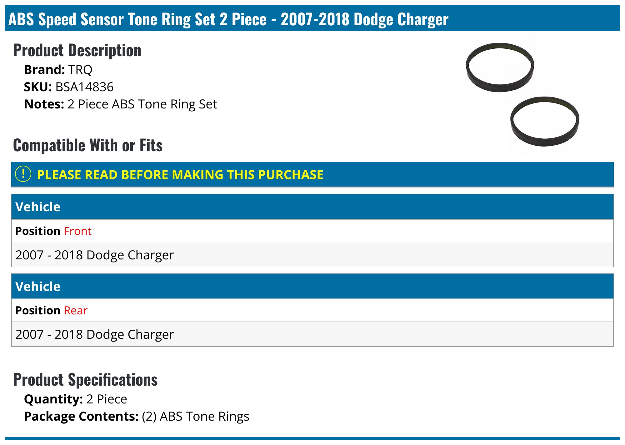 2007-2018 Dodge Charger ABS Speed Sensor - TRQ BSA14836 - Front ...