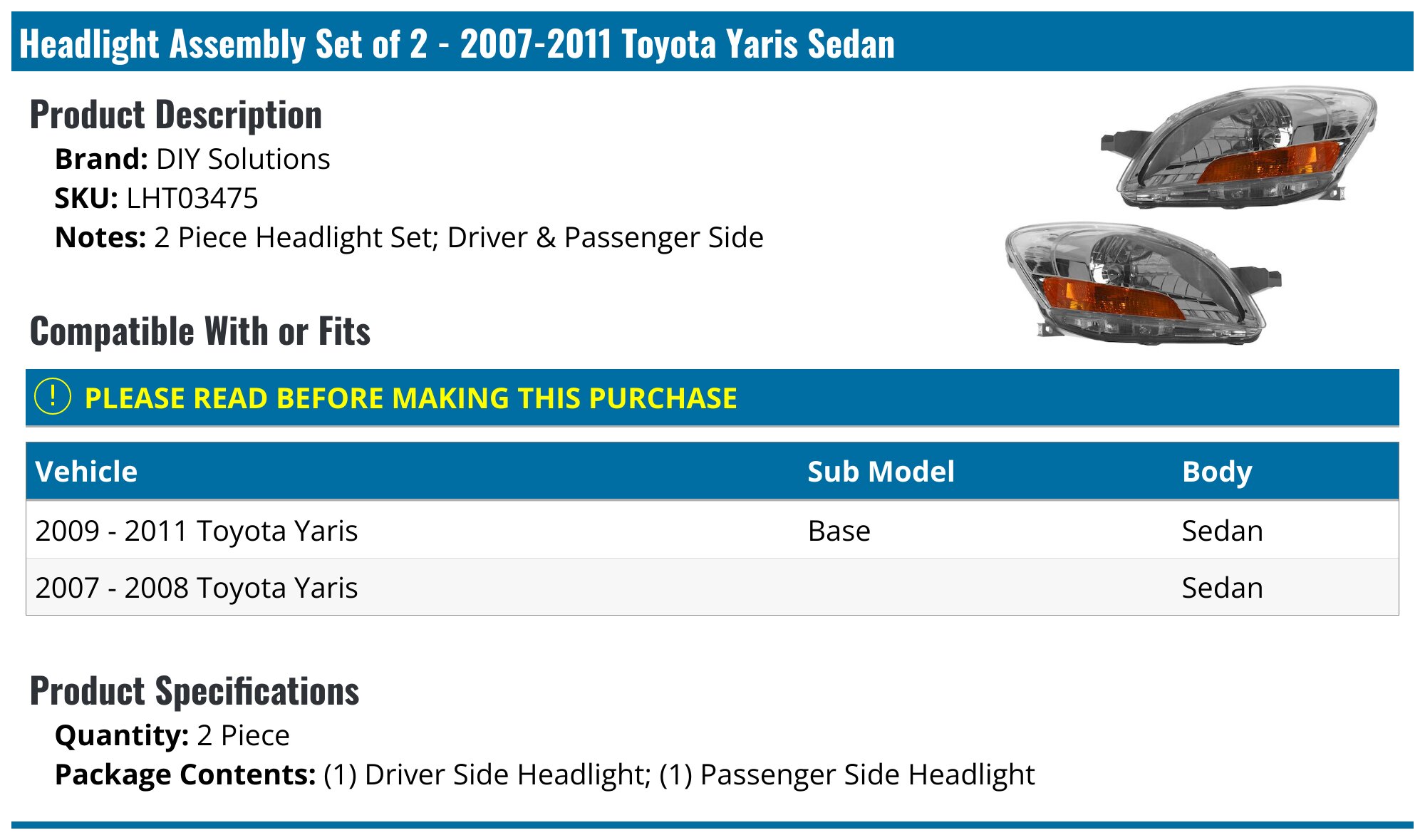 Pair Black Headlights For 2007-2011 Toyota Yaris Sedan – Left & Right, Halogen