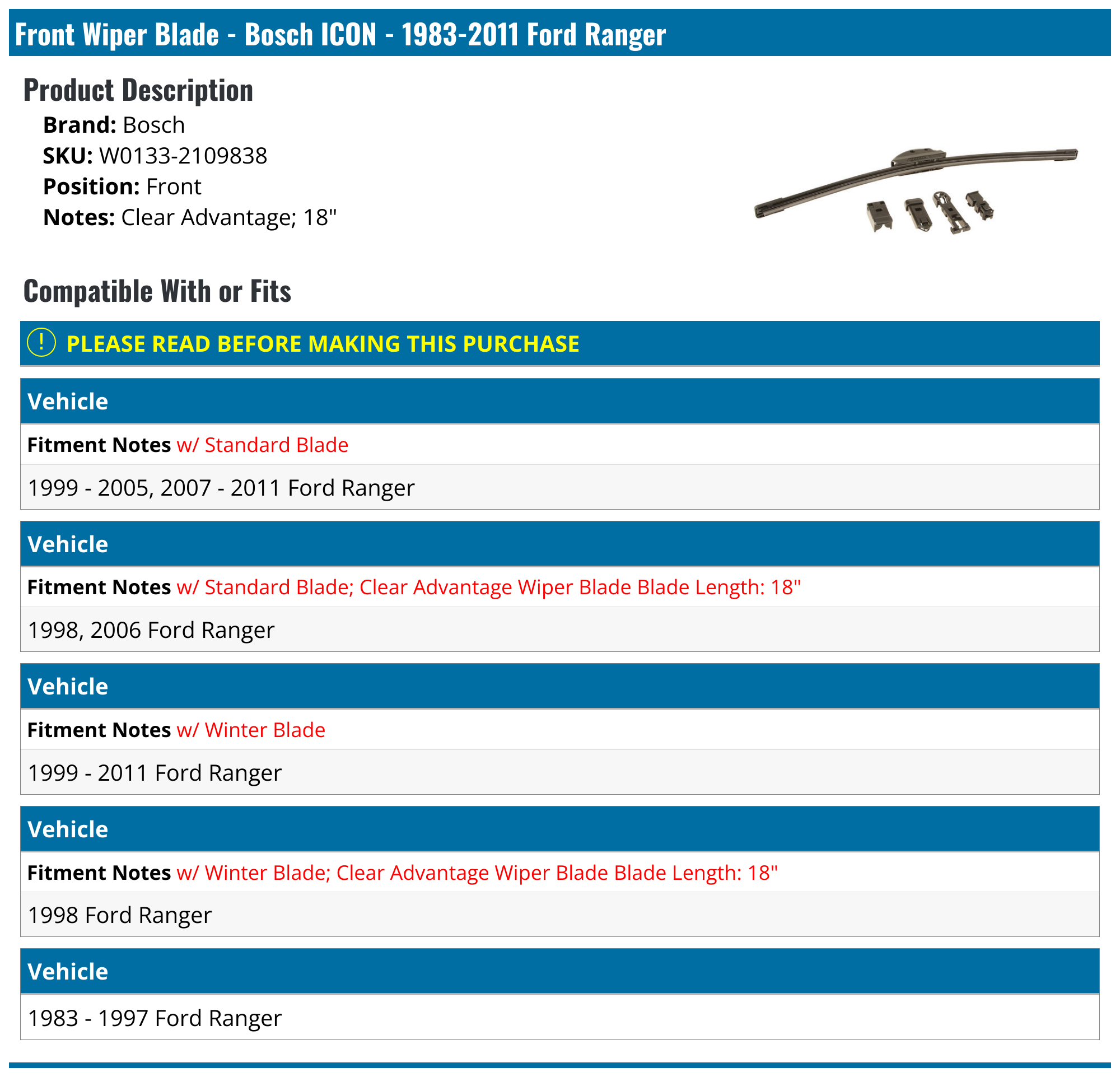 19832011 Ford Ranger Wiper Blade Bosch W01332109838 Front