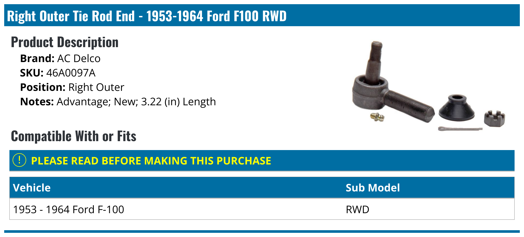 19531964 Ford F100 Tie Rod End AC Delco 46A0097A Right Outer