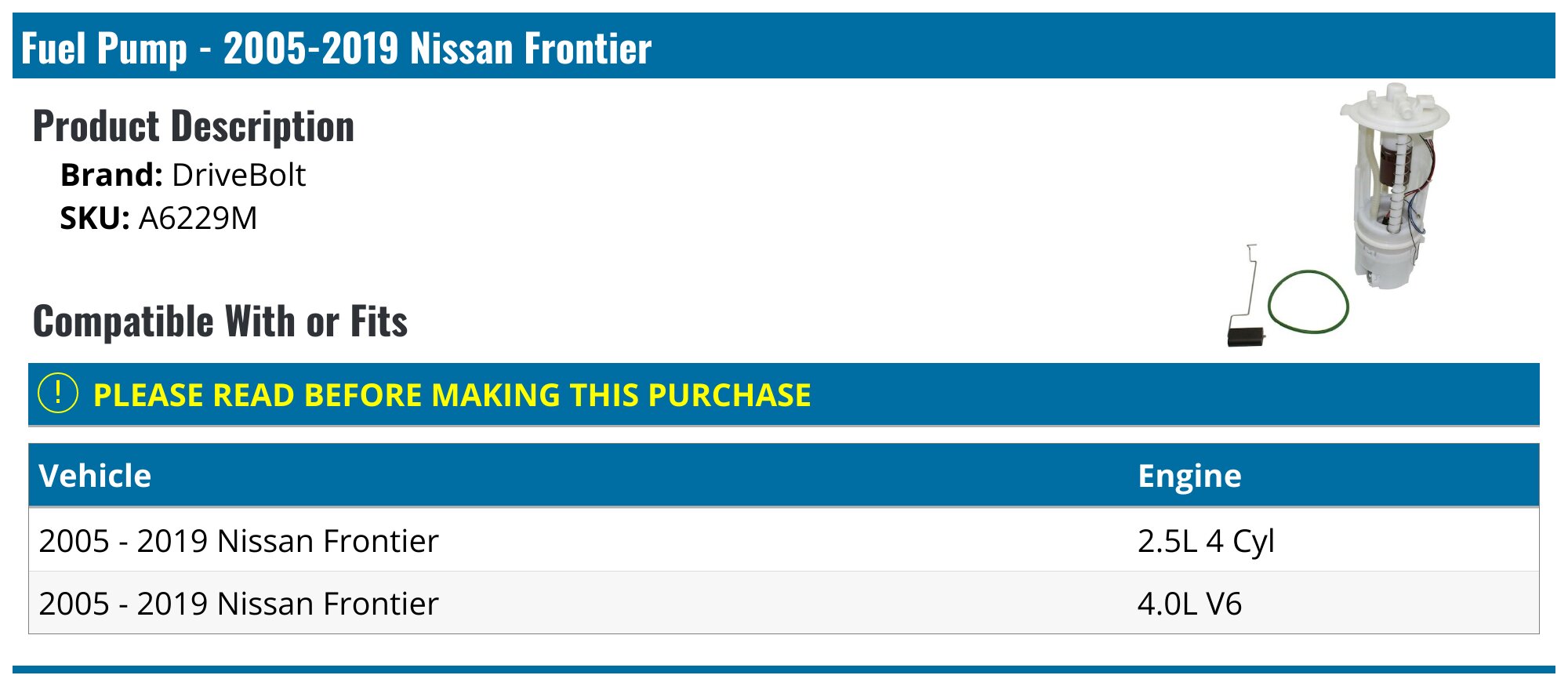 20052019 Nissan Frontier Fuel Pump DriveBolt A6229M