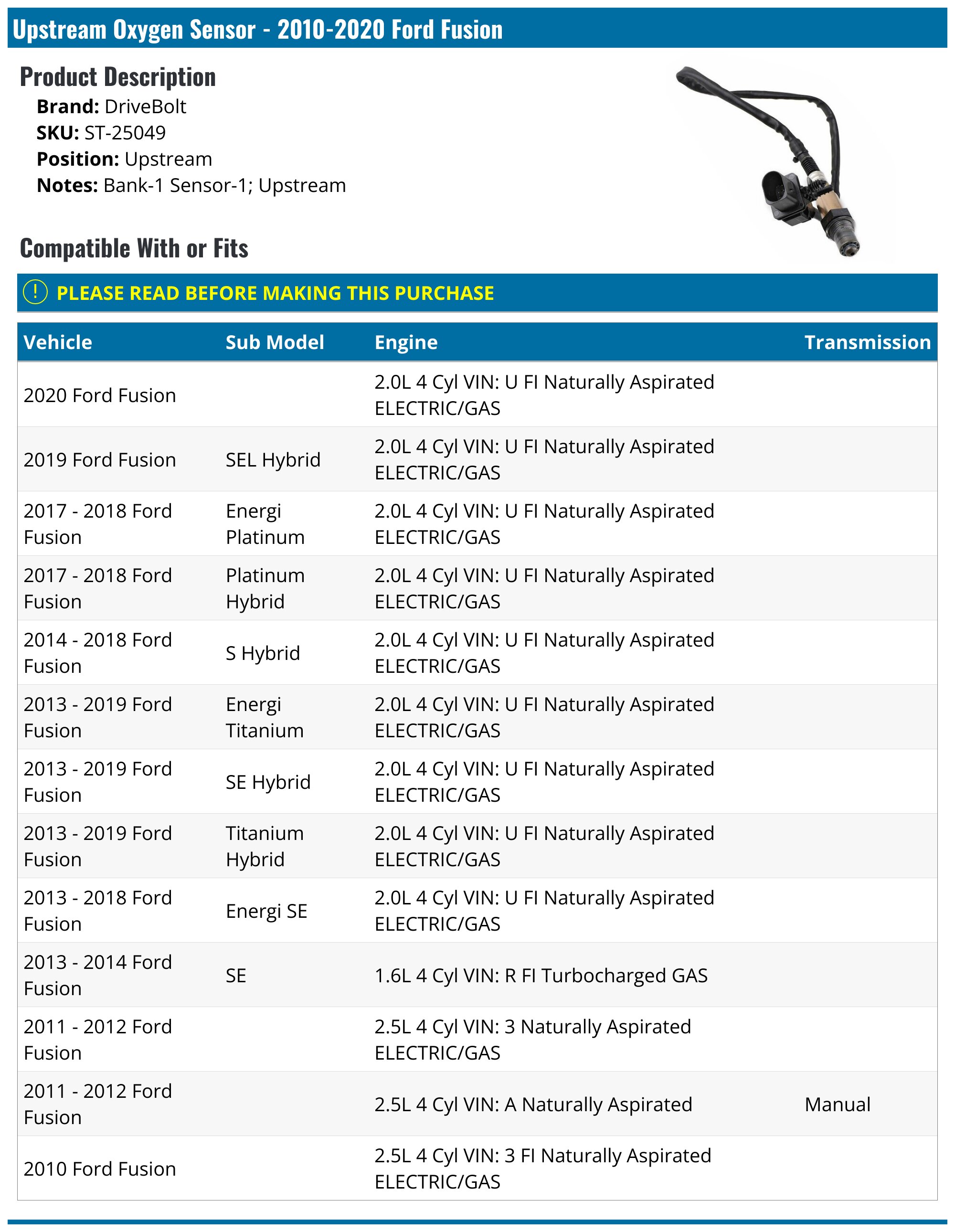 2010-2020 Ford Fusion Oxygen Sensor - DriveBolt ST-25049 - Upstream ...