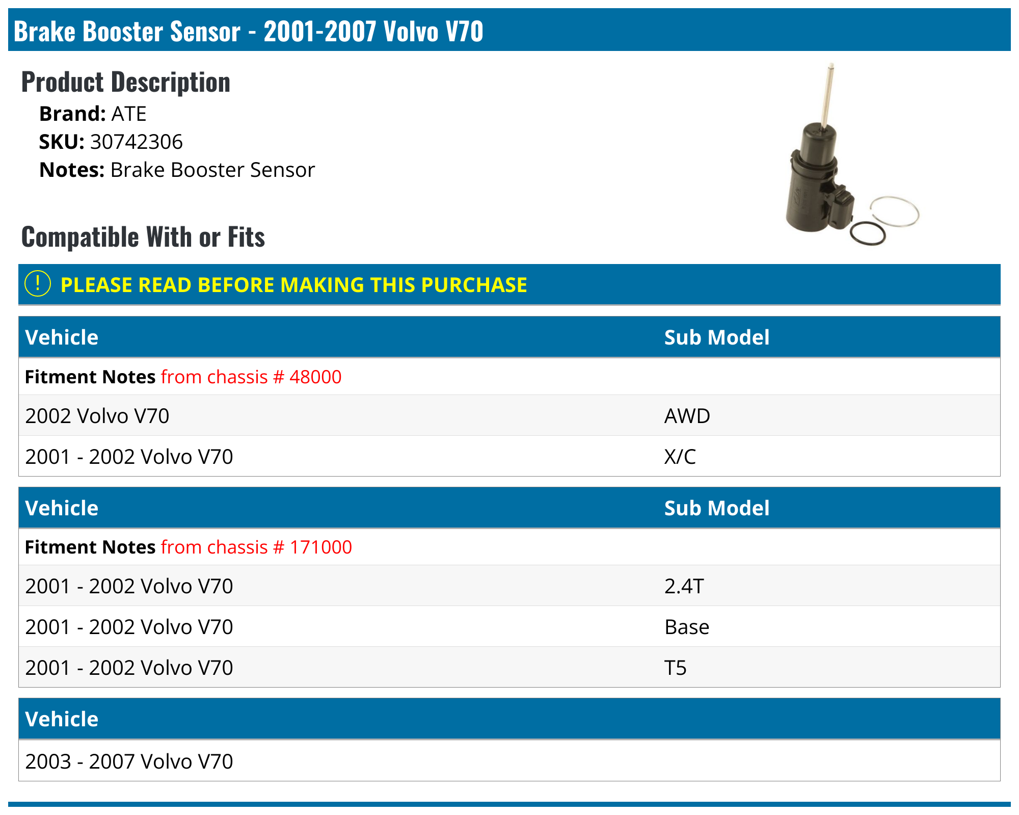20012007 Volvo V70 Brake Booster Sensor ATE 30742306