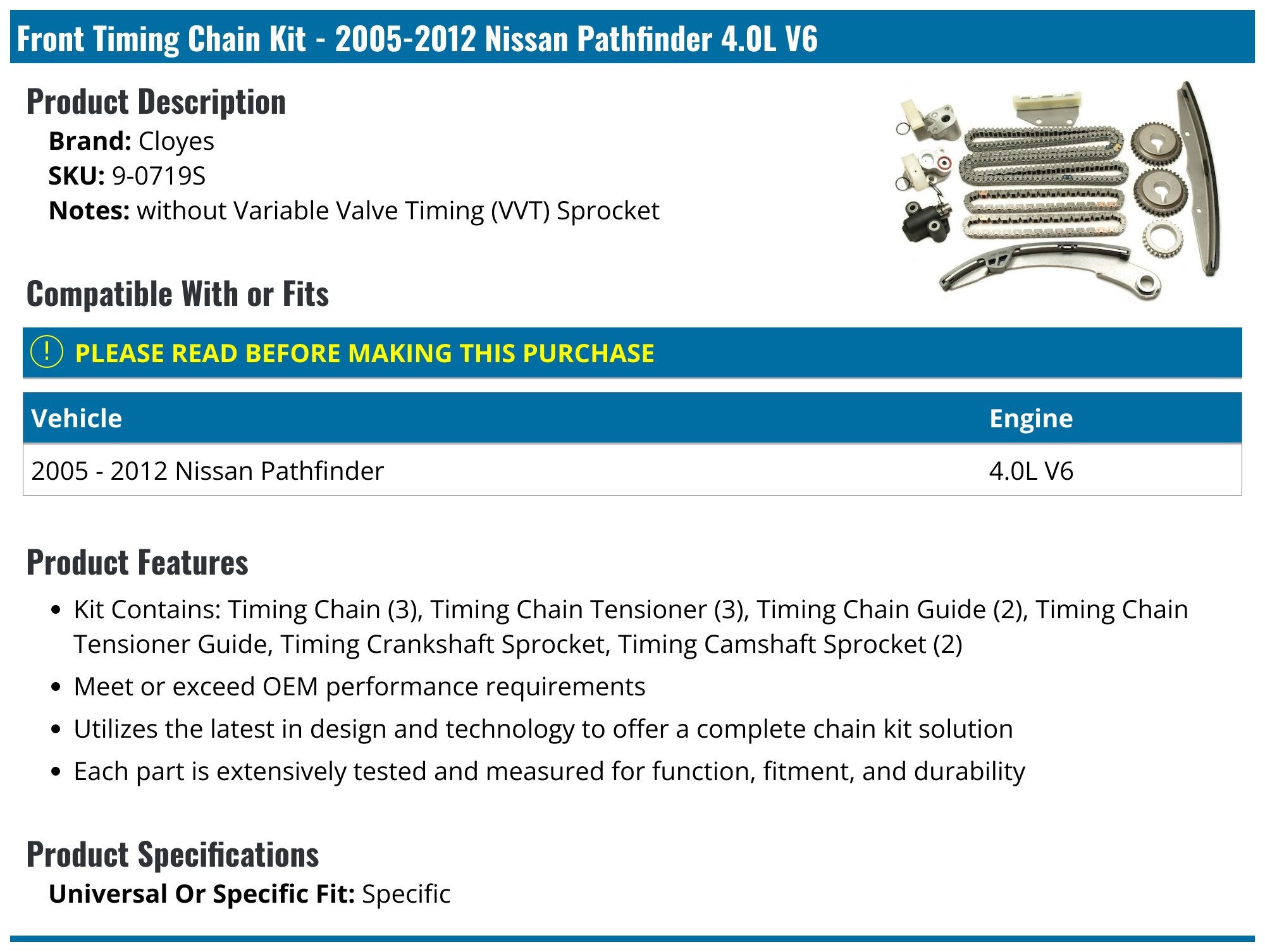 MOCA Timing Chain Oil & Water Pump Kit For Nissan Pathfinder / Infiniti QX4 3.5L (01-04)