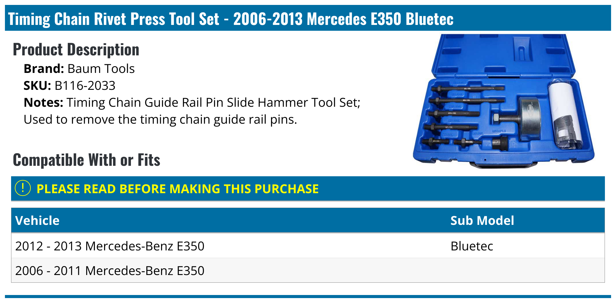 20062013 Mercedes E350 Timing Chain Rivet Press Tool Set Baum Tools