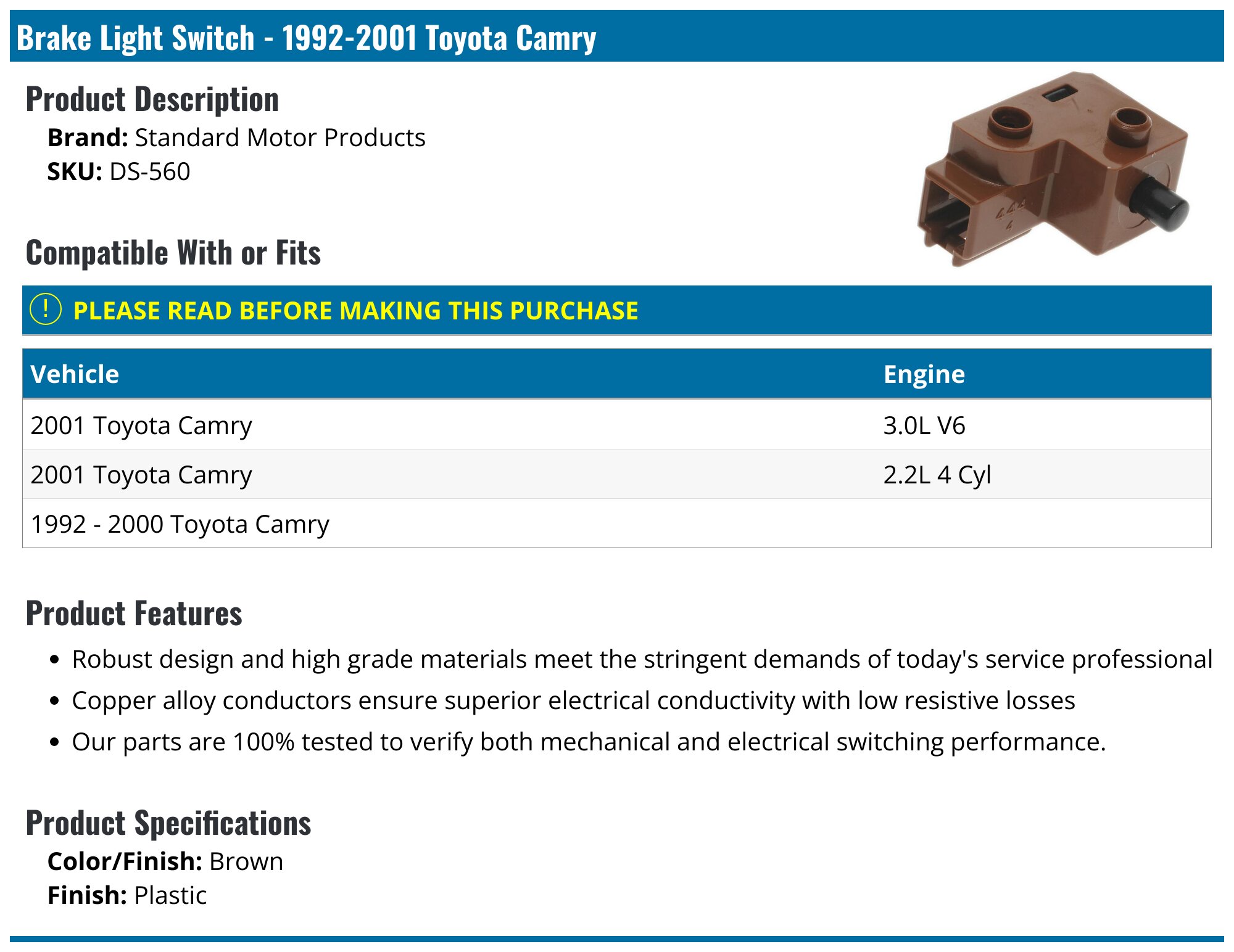 1992-2001 Toyota Camry Stop Light Switch - Standard Motor Products