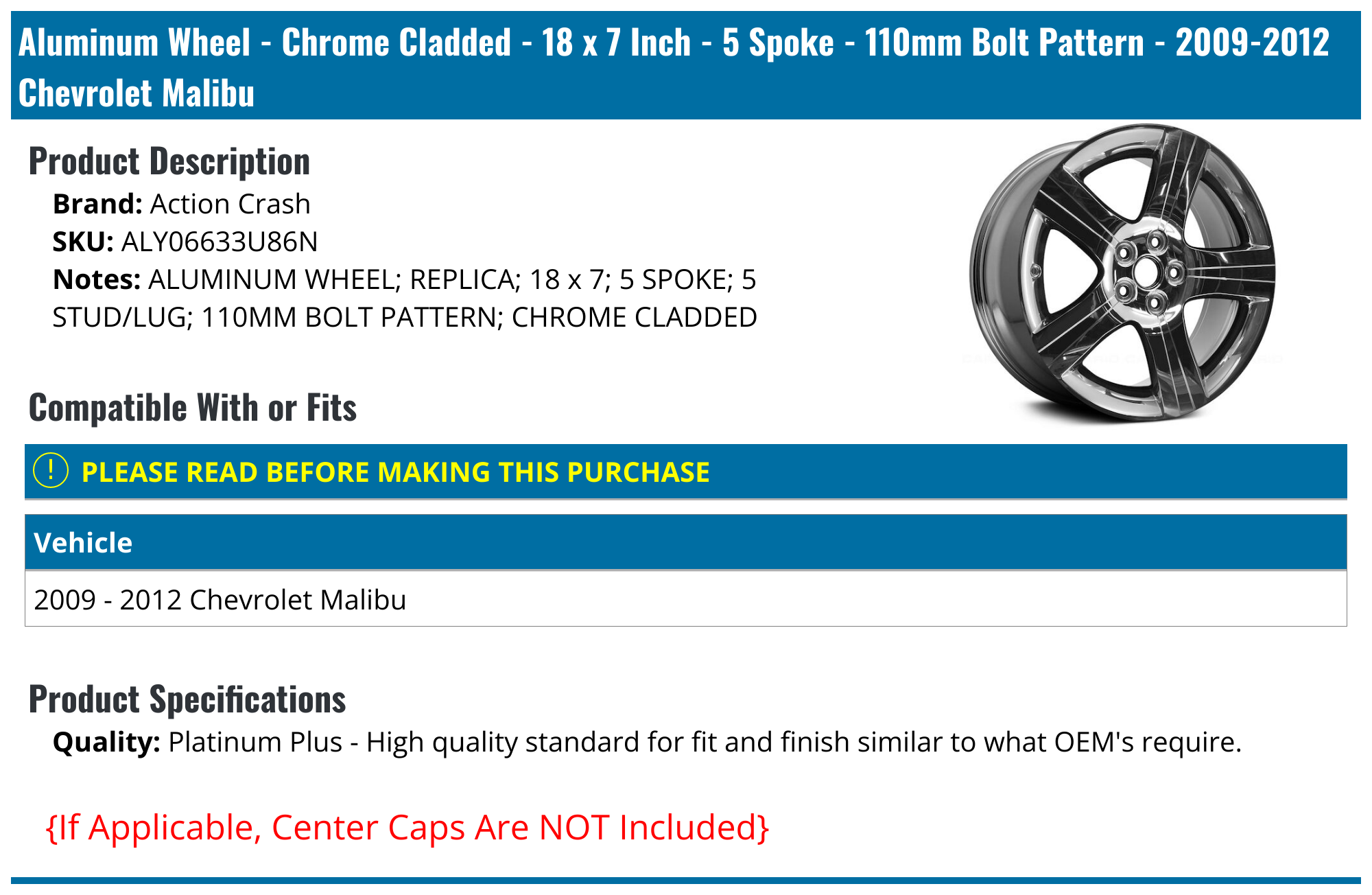Aluminum Wheel - Chrome Cladded - 18 x 7 Inch - 5 Spoke - 110mm Bolt  Pattern - 2009-2012 Chevrolet Malibu - Action Crash 29987-04034386, image size:2000x1304