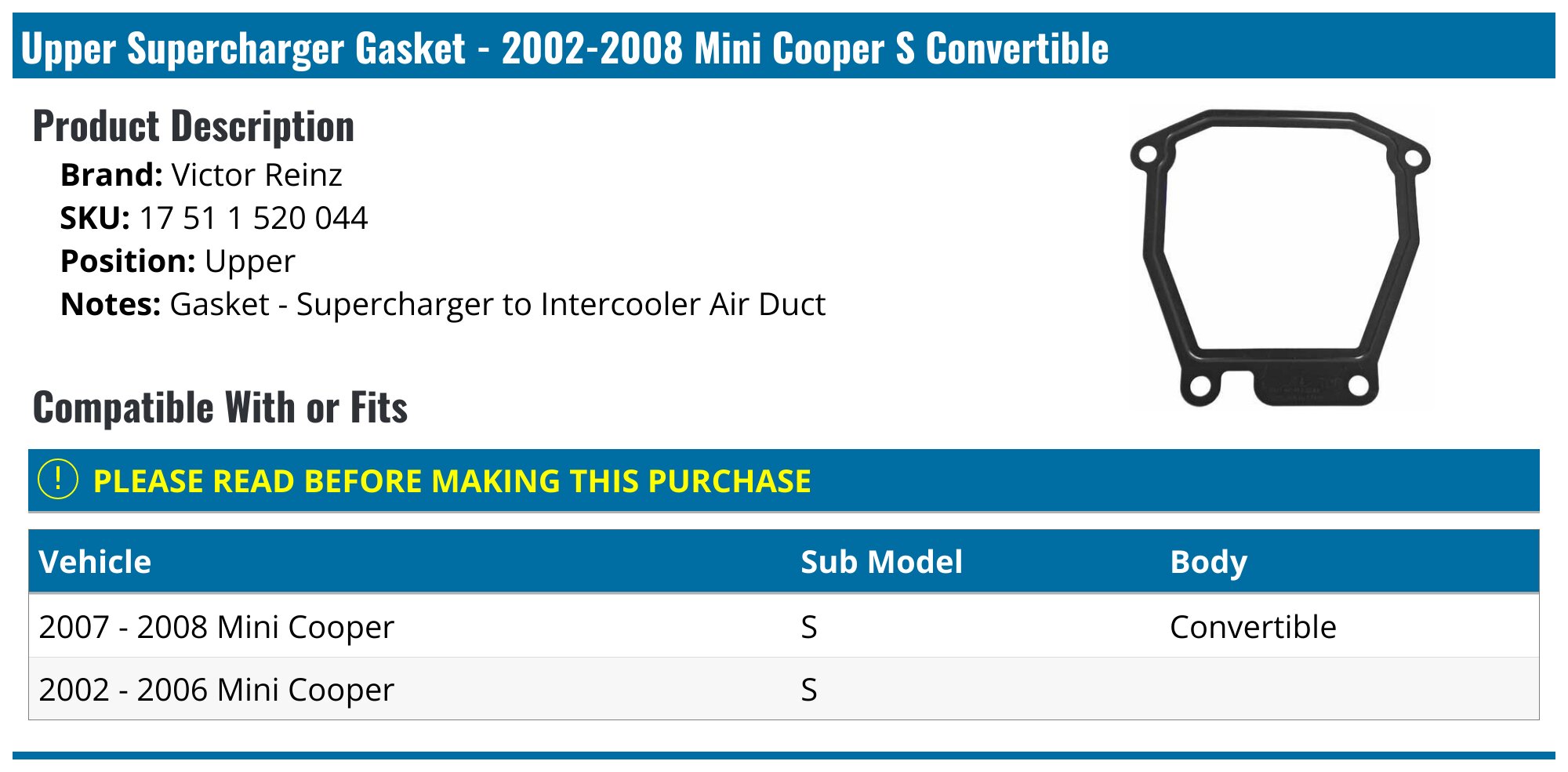 MINI Cooper S R53 REINZ Supercharger Air Intake Duct Green Rubber Gasket Seal