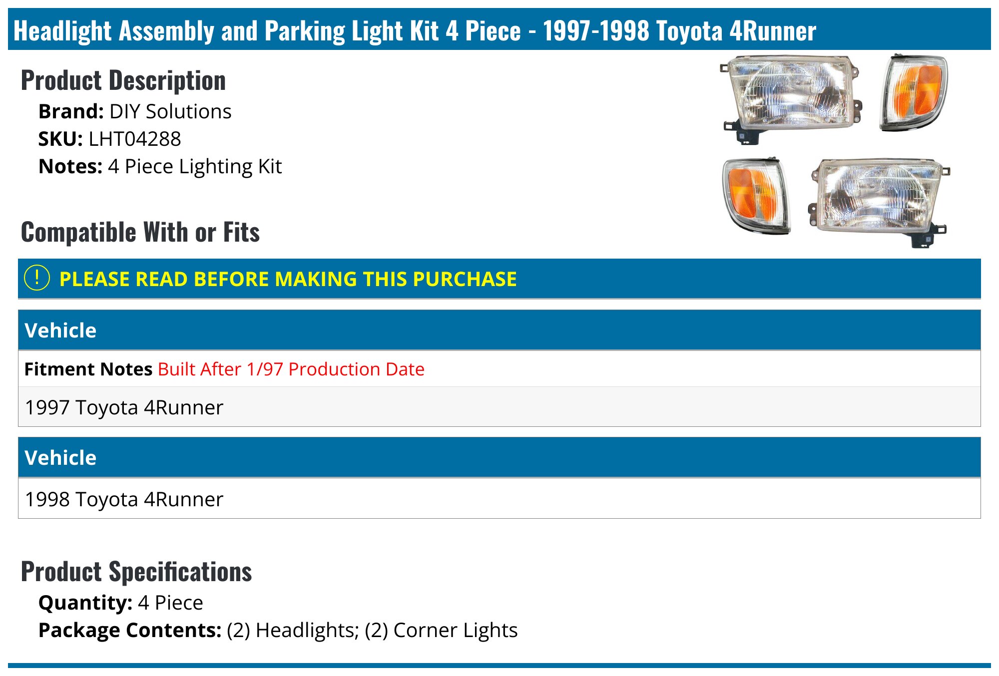 1997-1998 Toyota 4Runner Headlight Assembly - DIY Solutions LHT04288 ...