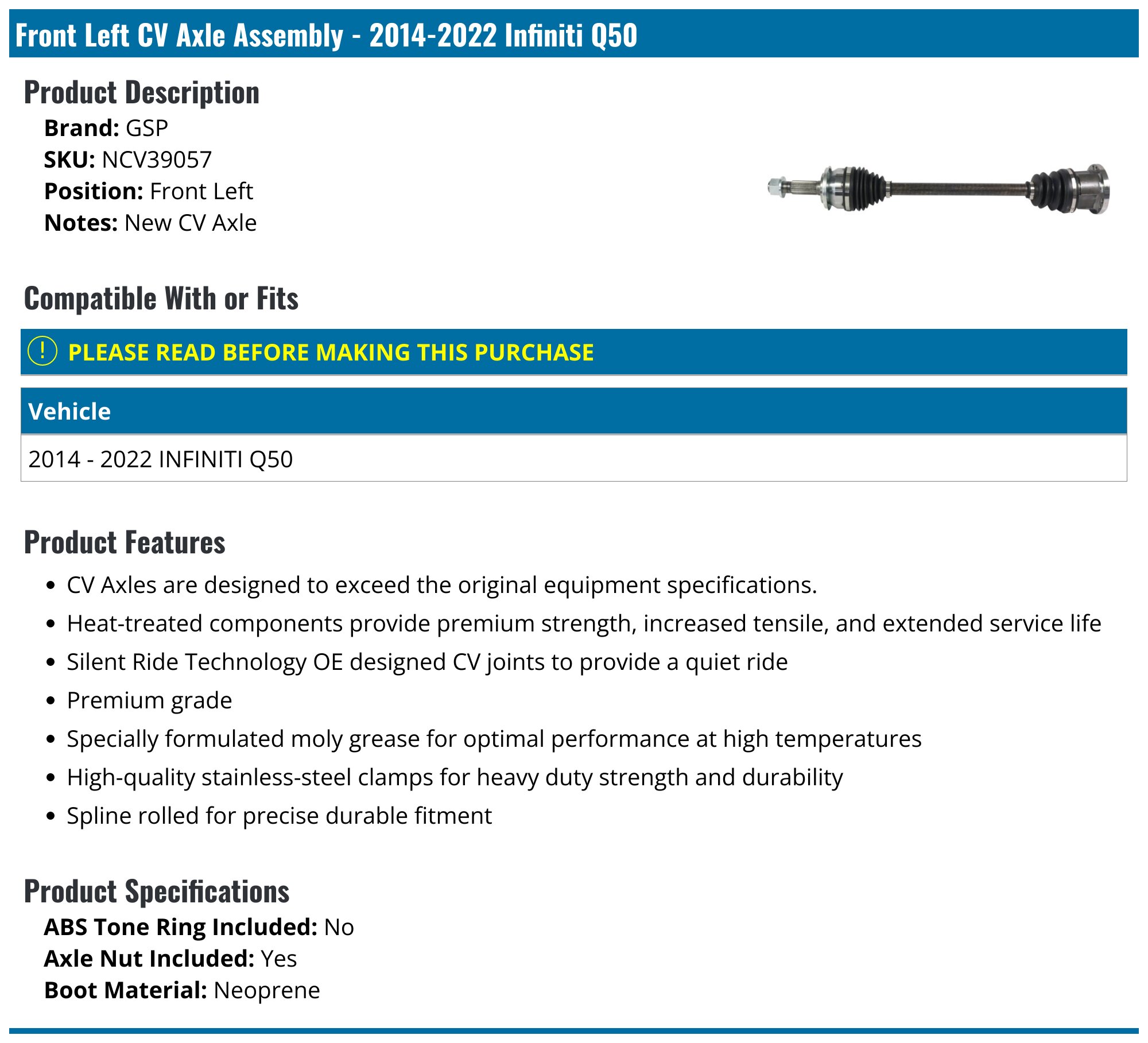 Front Right CV Axle Shaft For 2014-2024 Infiniti Q50 AWD (3.0L, 3.5L, 2.0L, 3.7L) - Passenger Side