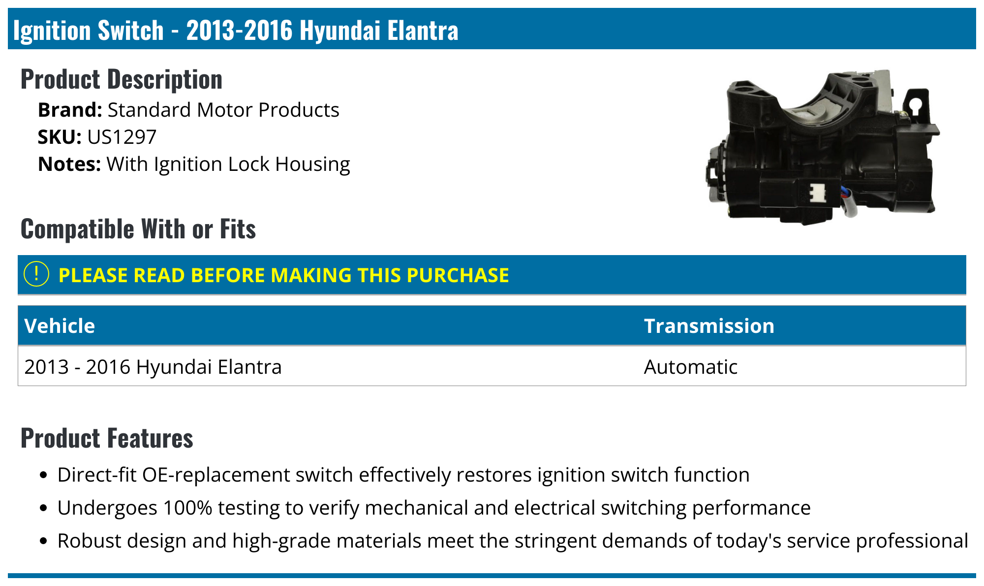 20132016 Hyundai Elantra Ignition Switch Standard Motor Products