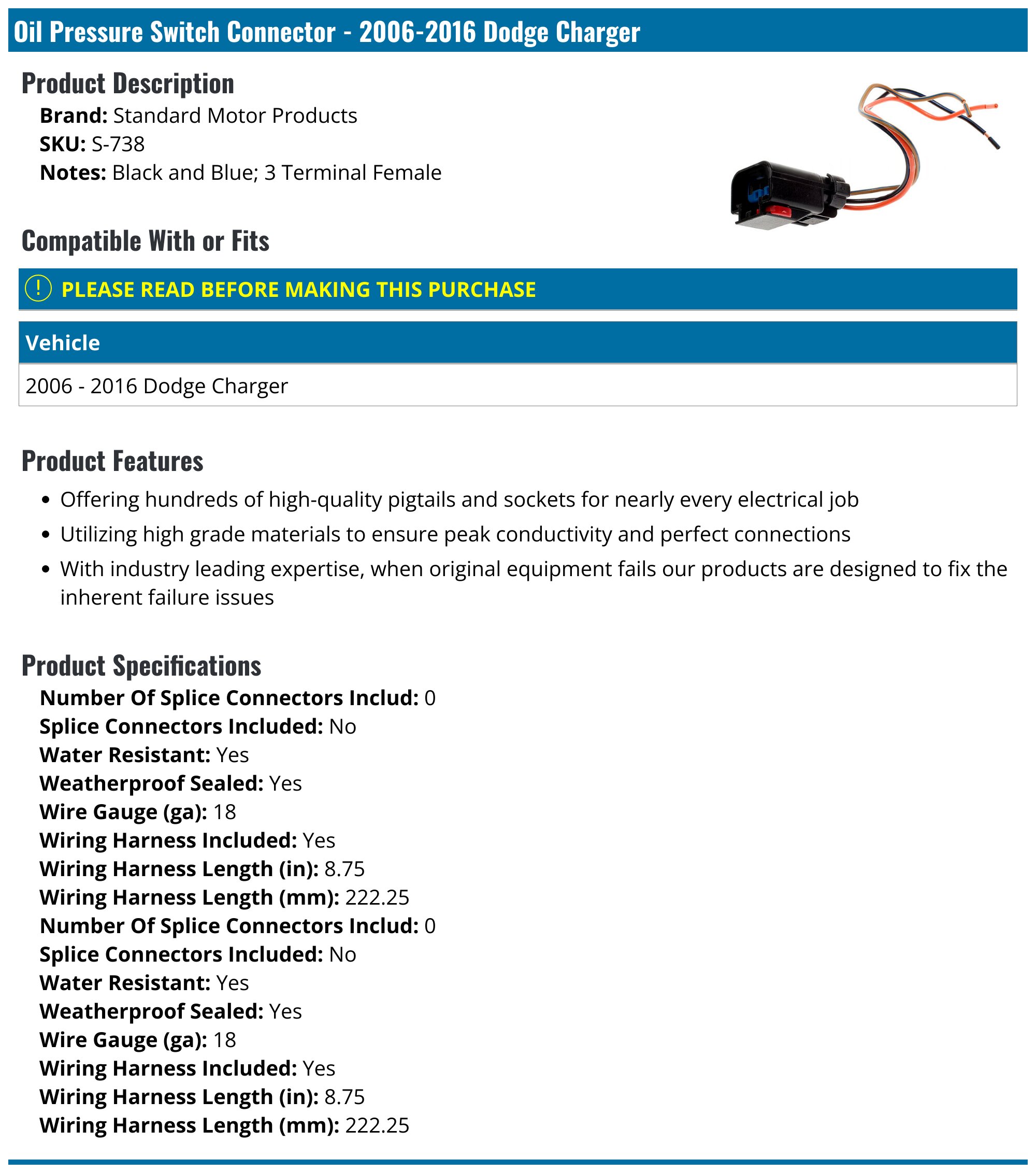 2006-2016 Dodge Charger Oil Pressure Switch Connector - Standard Motor ...