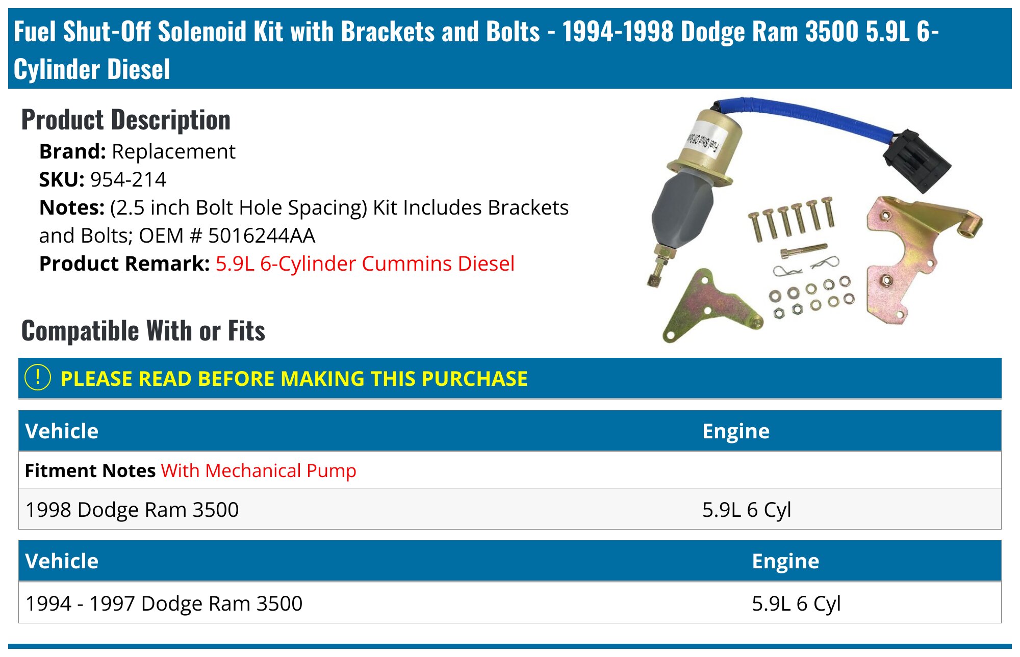 C-HORSE Fuel Shut Off Solenoid For Dodge Ram 2500 3500 Cummins 5.9L 1994-1998
