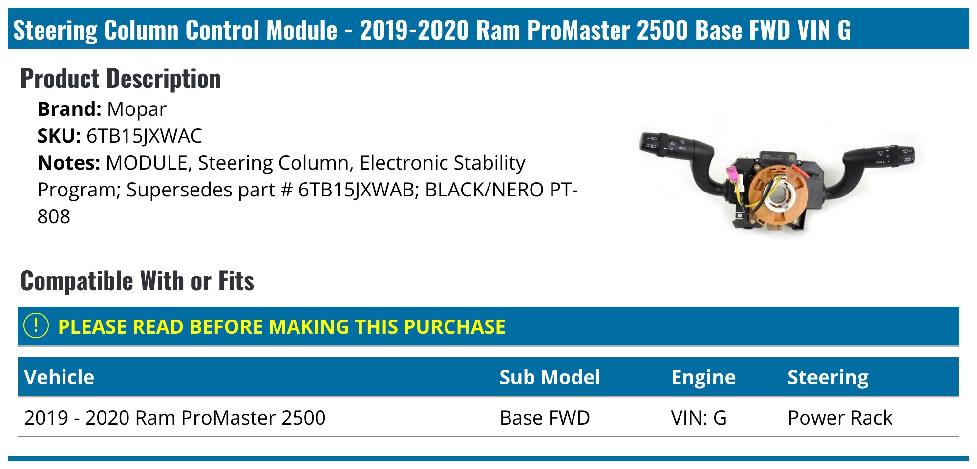2019-2020 Ram ProMaster 2500 Steering Column Control Module - Mopar ...
