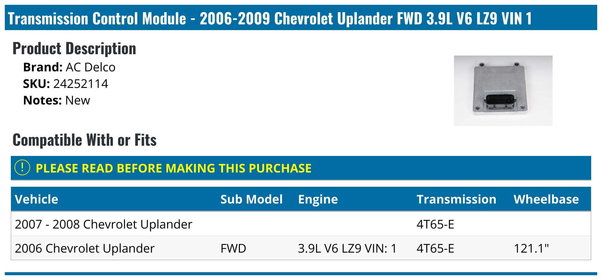 2006-2009 Chevrolet Uplander Transmission Control Module - AC Delco ...