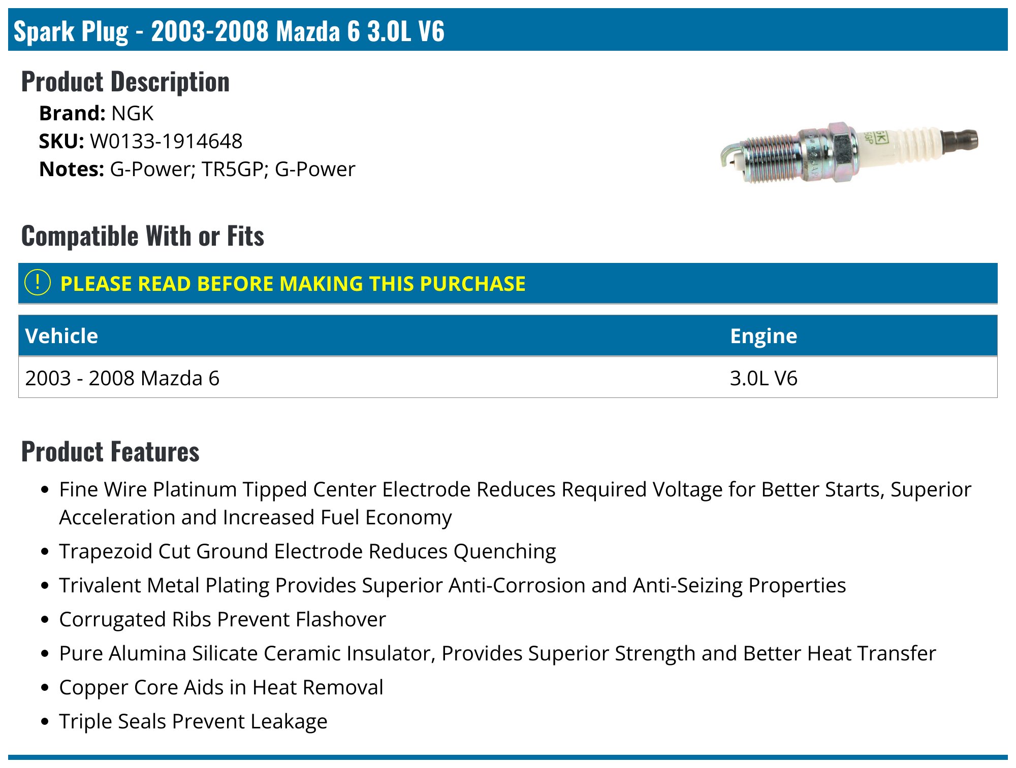 Spark Plugs for 2003 Mazda 6 for sale