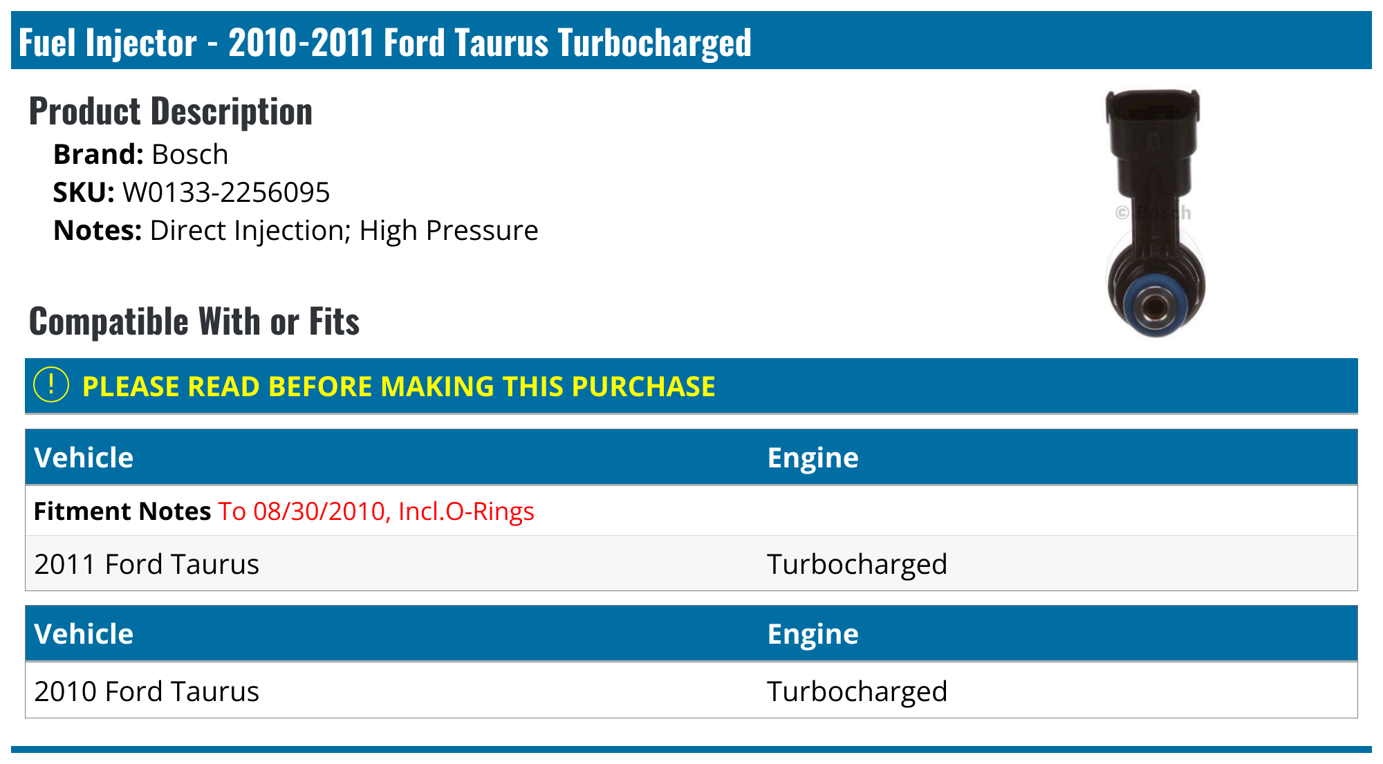20102011 Ford Taurus Fuel Injector Bosch W01332256095
