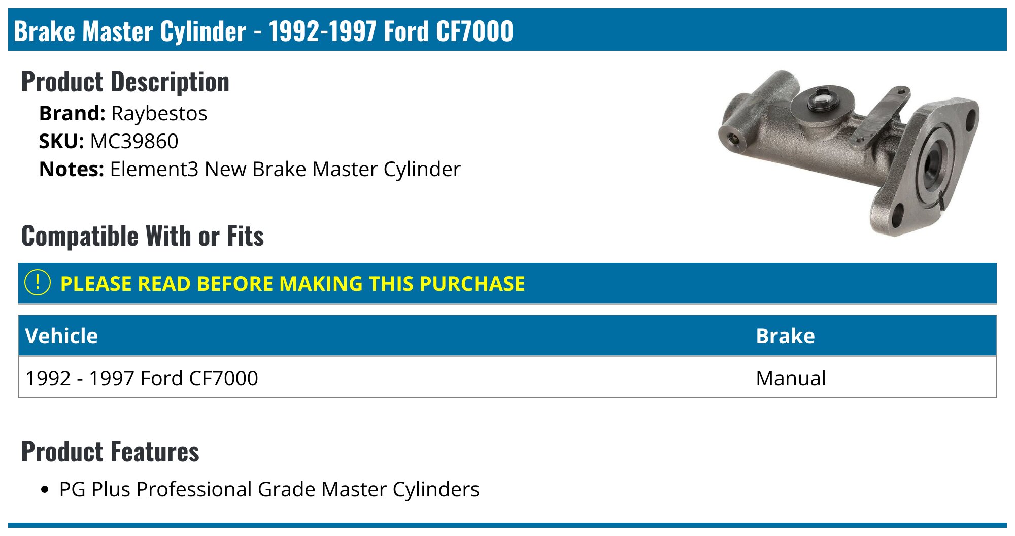 1992-1997 Ford CF7000 Brake Master Cylinder - Raybestos MC39860 ...