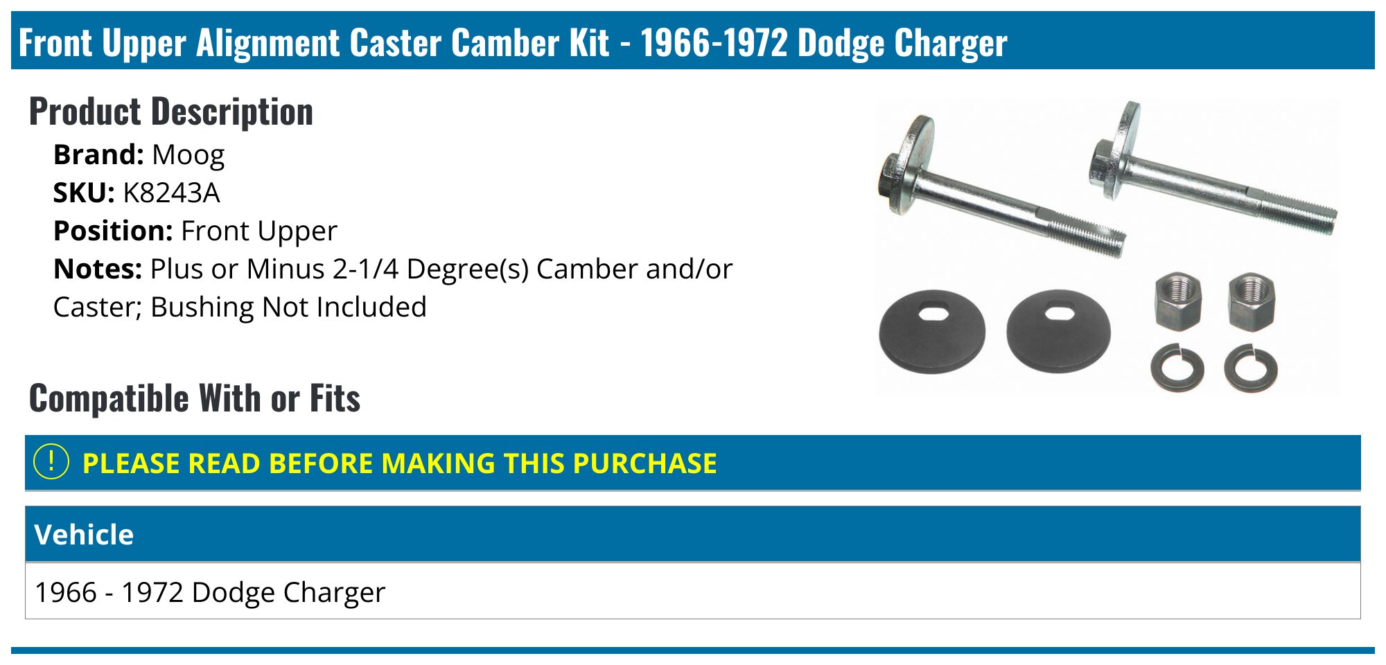 Alignment Caster Camber Kit For Dodge Charger 2006-2022 – Front – Replacement 19297XZ