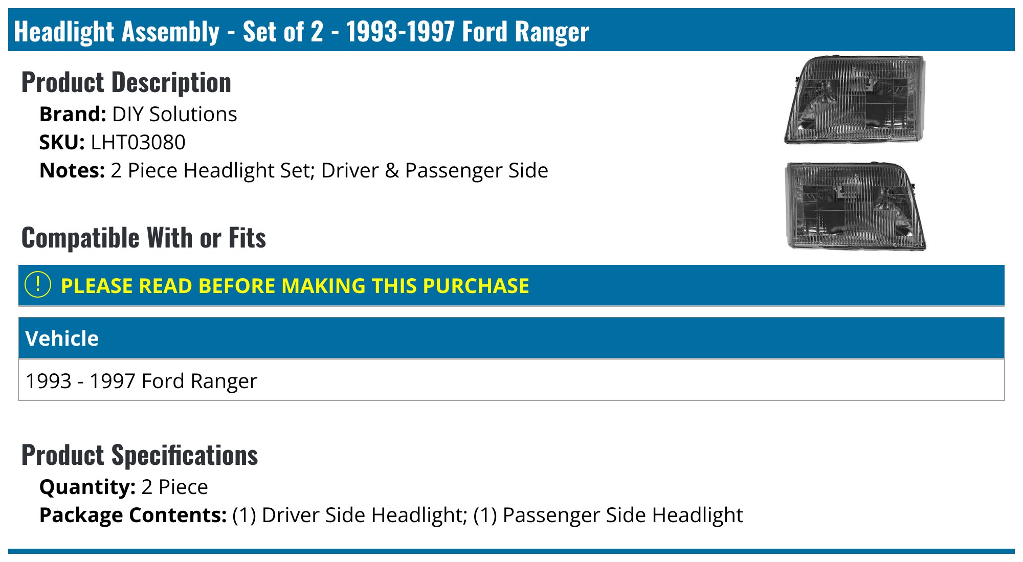 1993 - 1997 Ford Ranger Headlight (Pair, Driver & Passenger) - Left