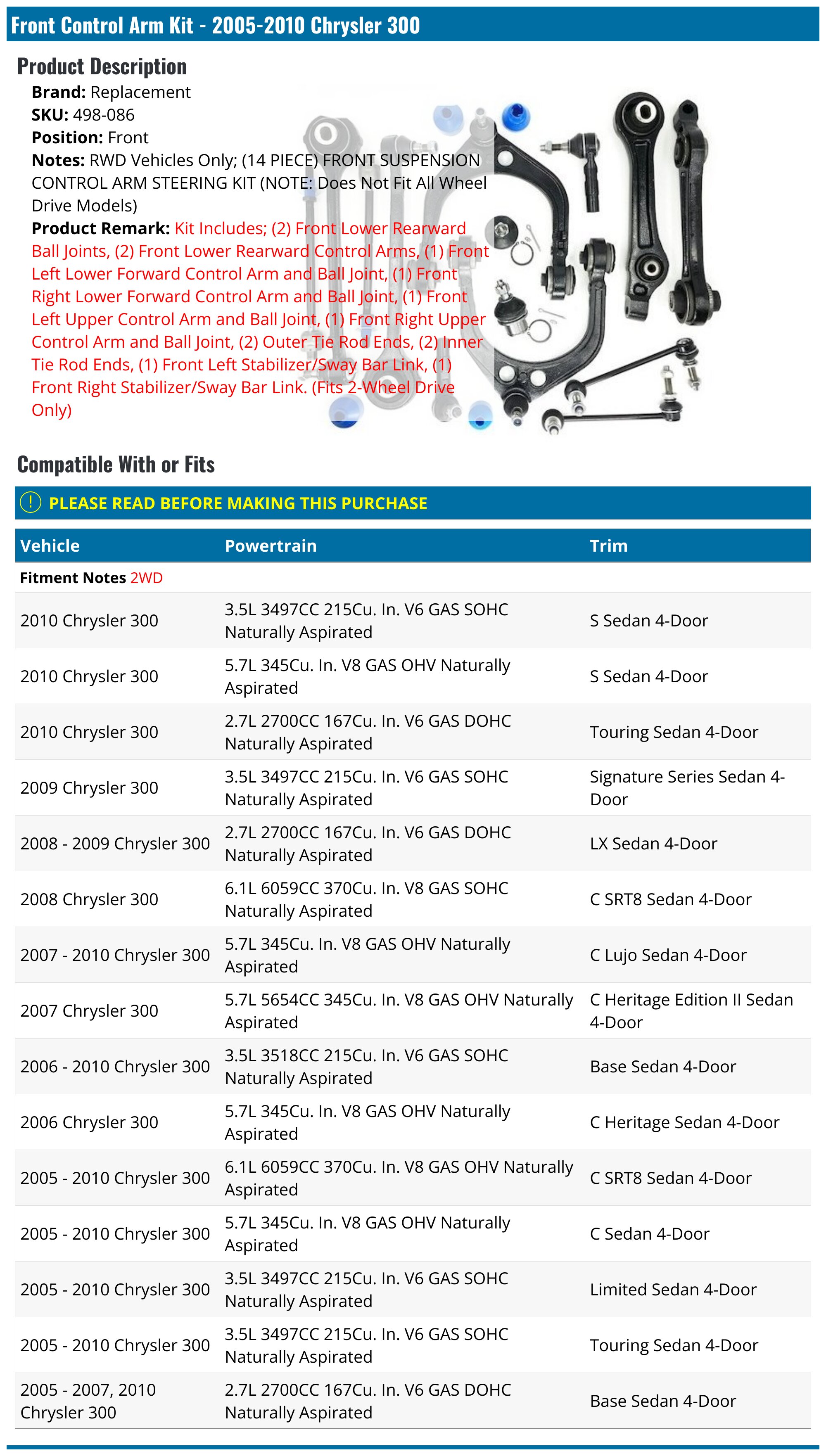2005-2019 Chrysler 300 Control Arm - Detroit Axle 80055.6C - Front