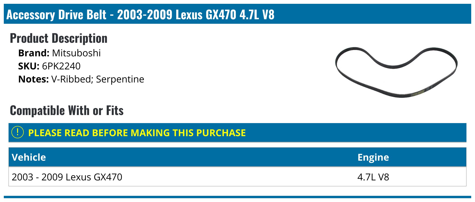 Correa De Transmisión Bando Para Lexus GX470 V8 4.7L 2003-2009 - Referencia OEM 6PK2240, Fabricada En USA