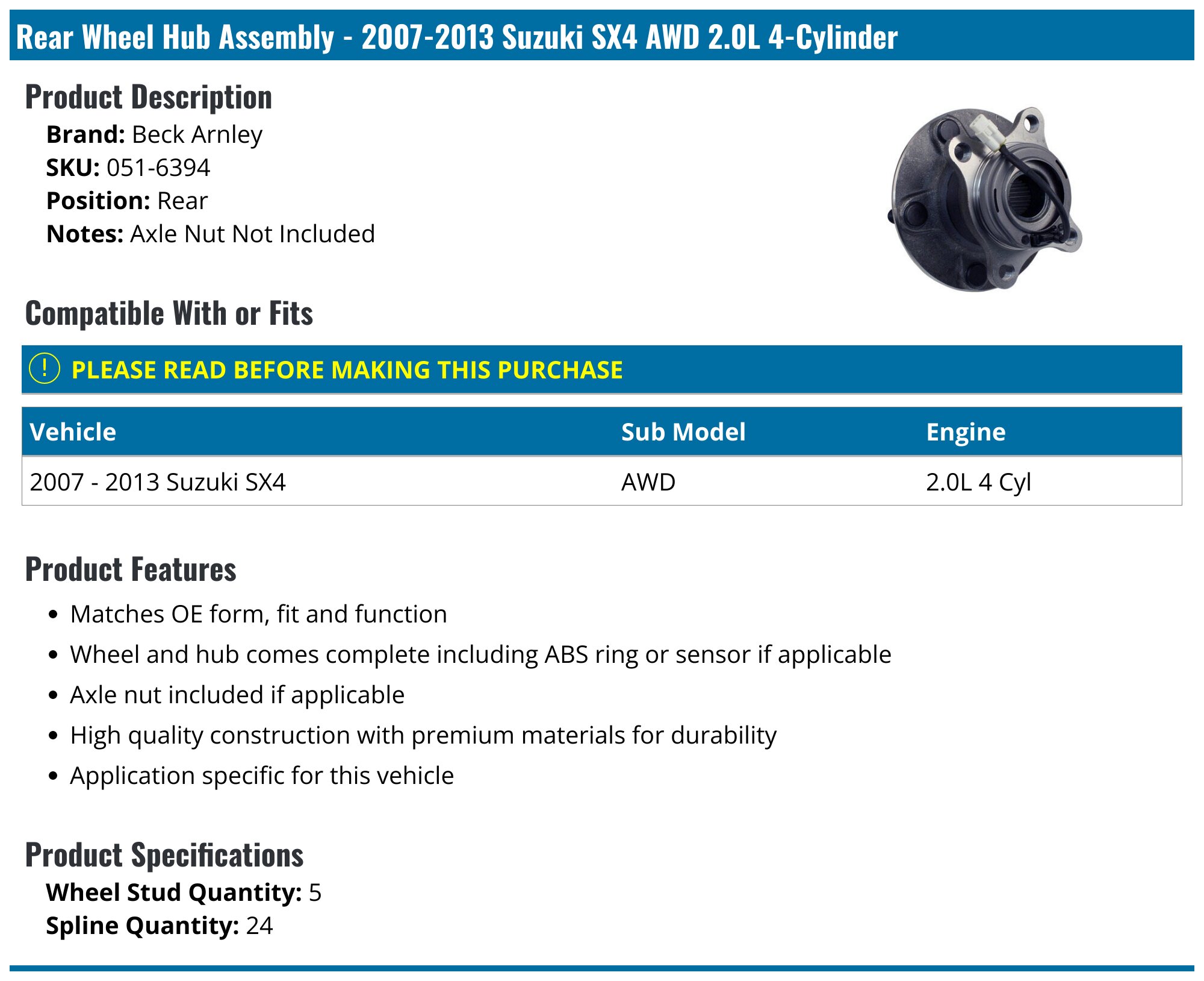 AM Autoparts Rear Wheel Hub Bearing Set For Suzuki SX4 2007-2013 (Left & Right)