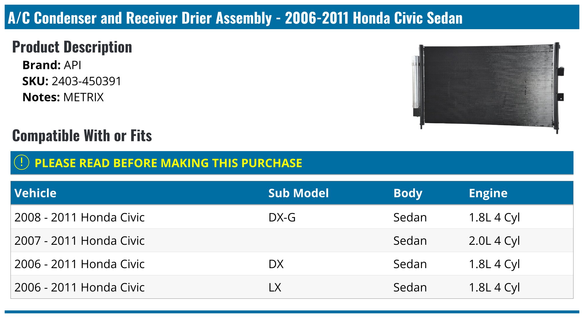 AC Condenser With Receiver/Drier For 2006-2011 Honda Civic DX/LX