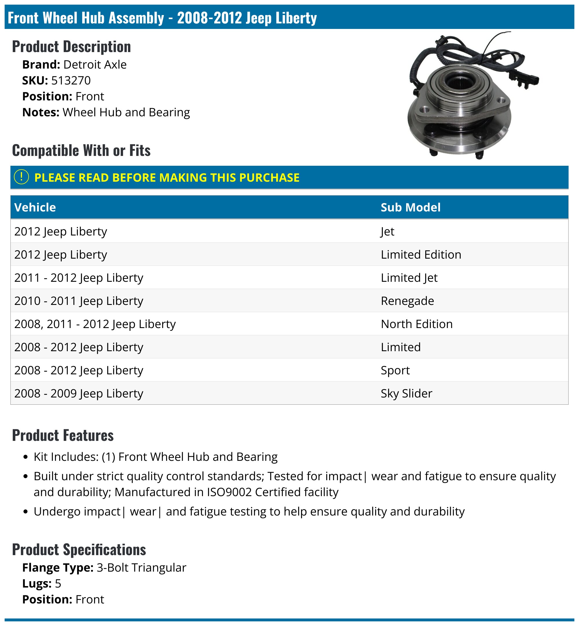 20082012 Jeep Liberty Wheel Hub Assembly Detroit Axle 513270 Front