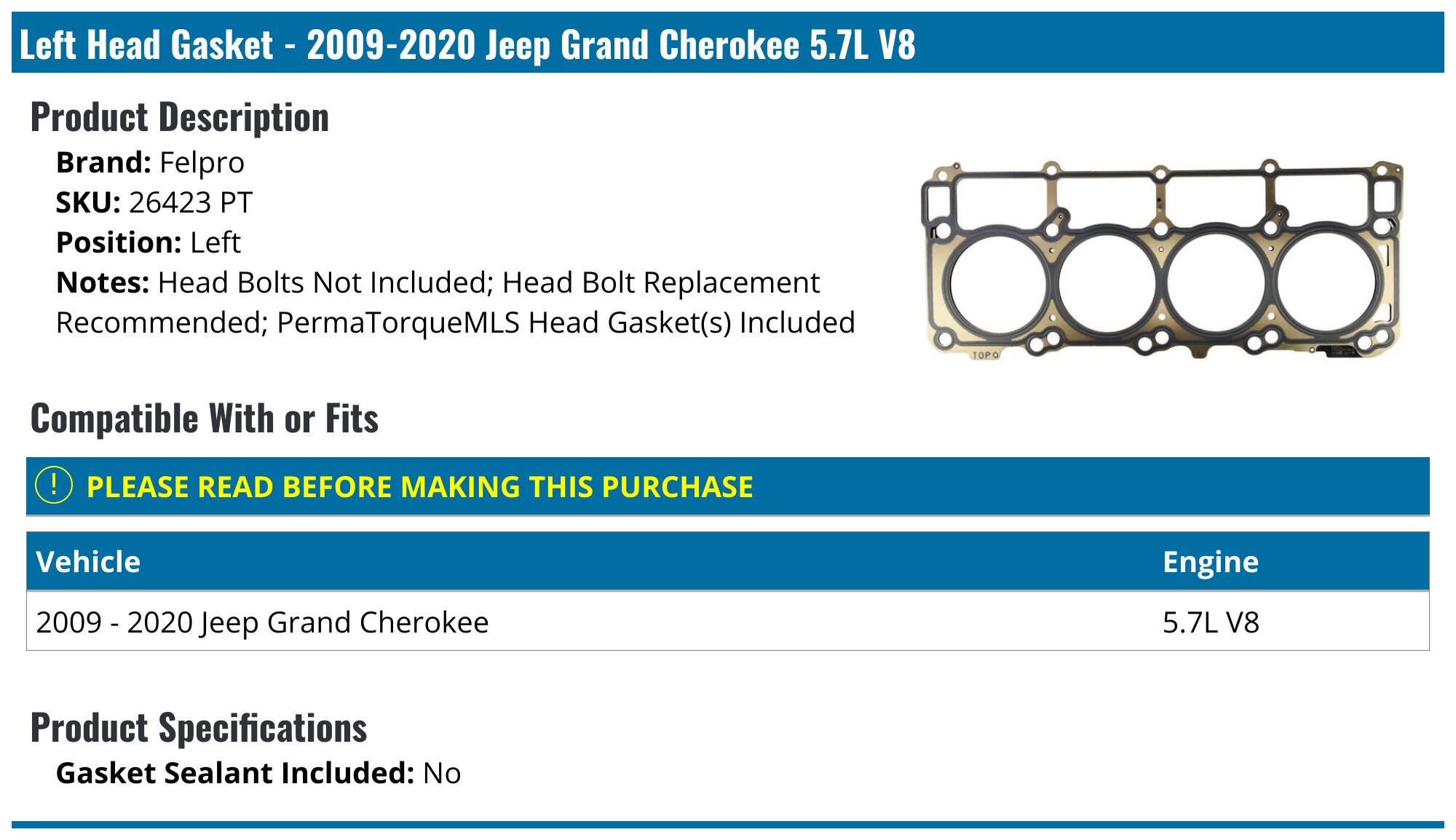 20092020 Jeep Grand Cherokee Head Gasket Felpro 26423 PT Left