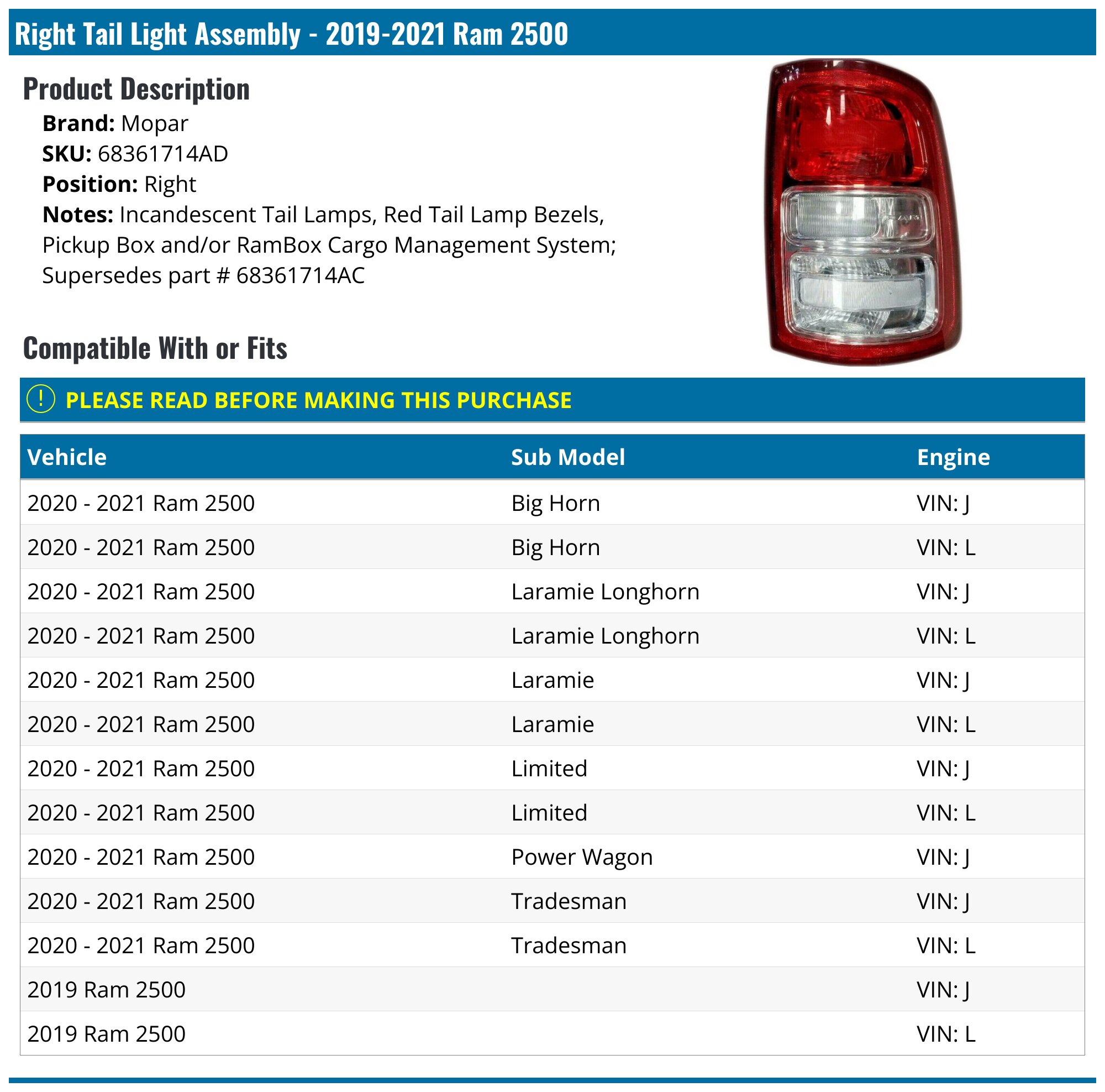 2019-2021 Ram 2500 Tail Light Assembly - Mopar 68361714AD - Right