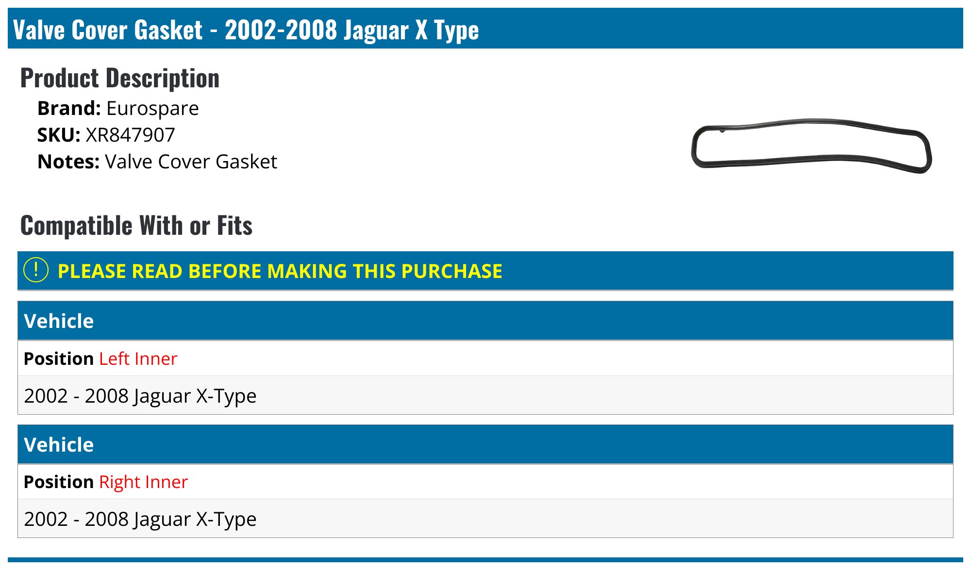 20022008 Jaguar X Type Valve Cover Gasket Eurospare XR847907 Right