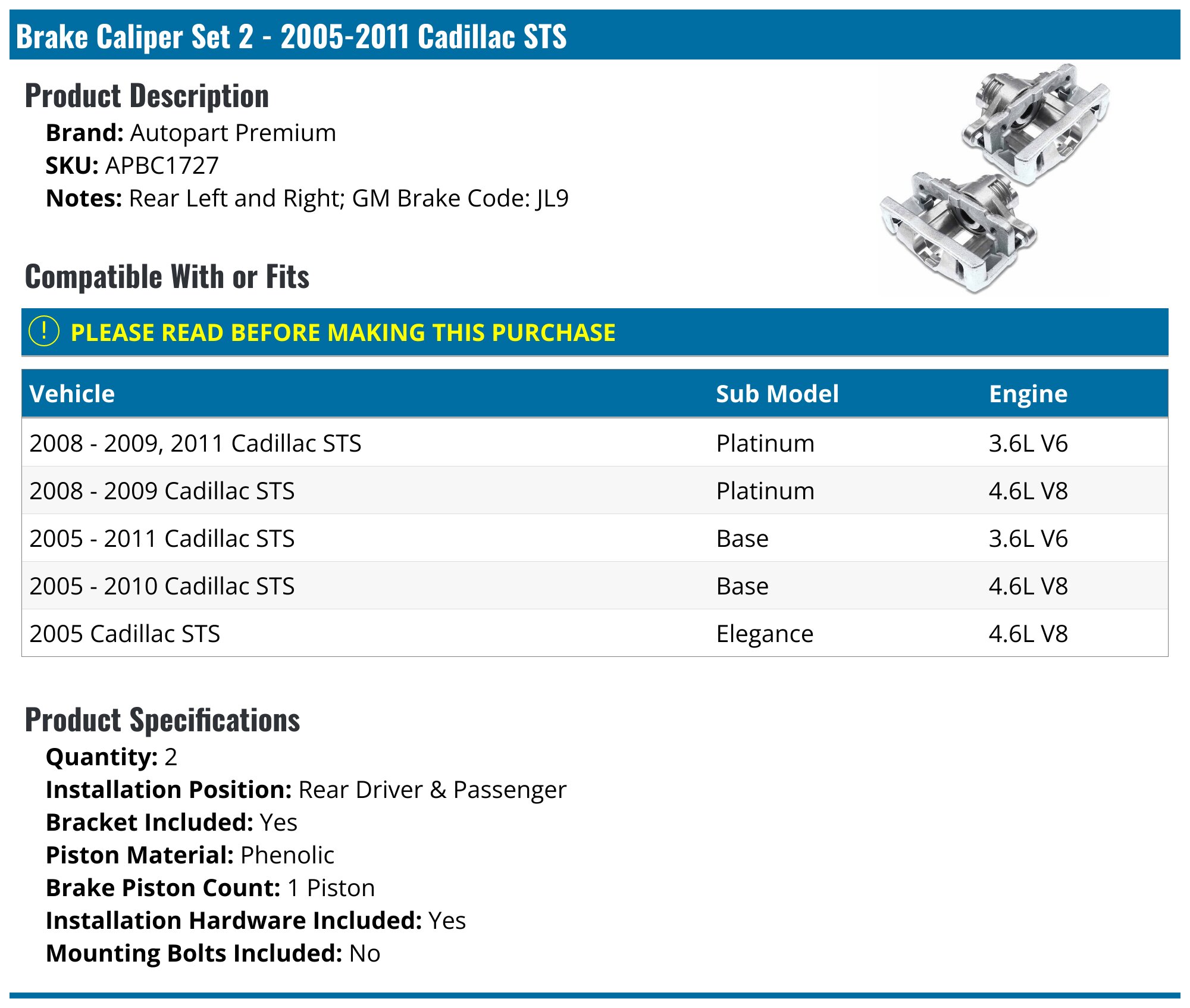 Rear Left Disc Brake Caliper With Bracket – For Cadillac CTS 2003-2008 & STS 2005-2011 – Aluminum, Phenolic Piston