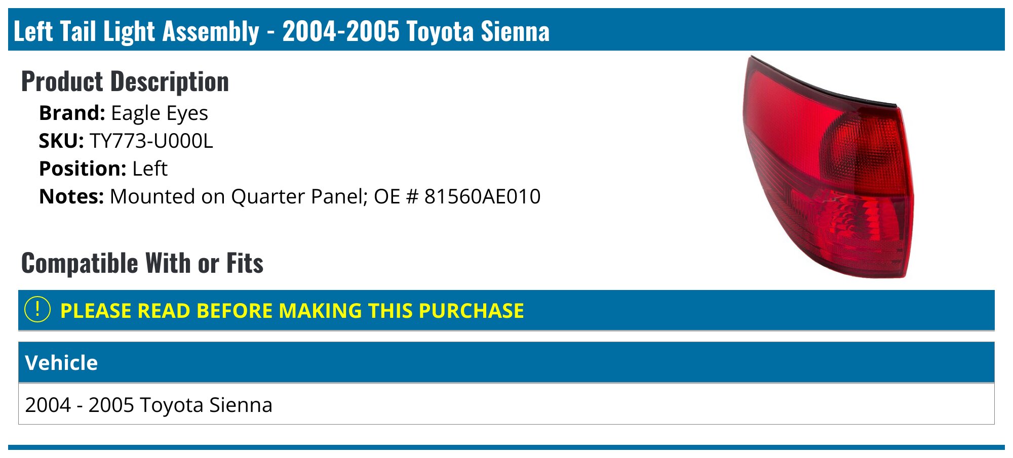 Genuine Toyota OEM Left Tail Light – Inner Liftgate For Sienna 2004-2006 (Driver Side)