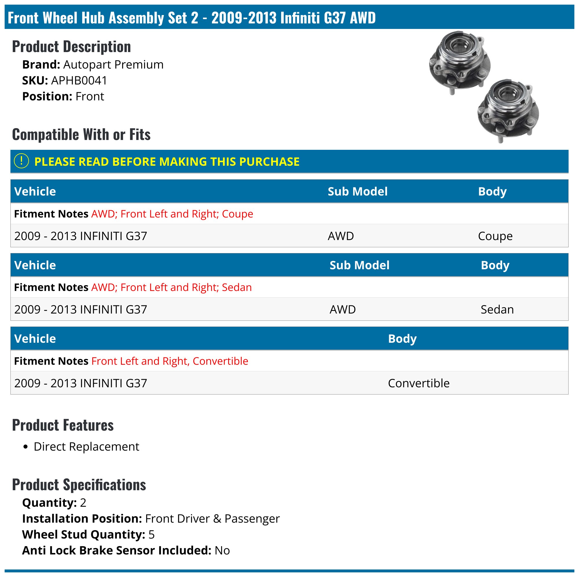 thumbnail image 2 of 2 Rear Wheel Bearing Hub Assemblies Left+Right Set For Infiniti G35 G37 EX35 AWD 2 of 2