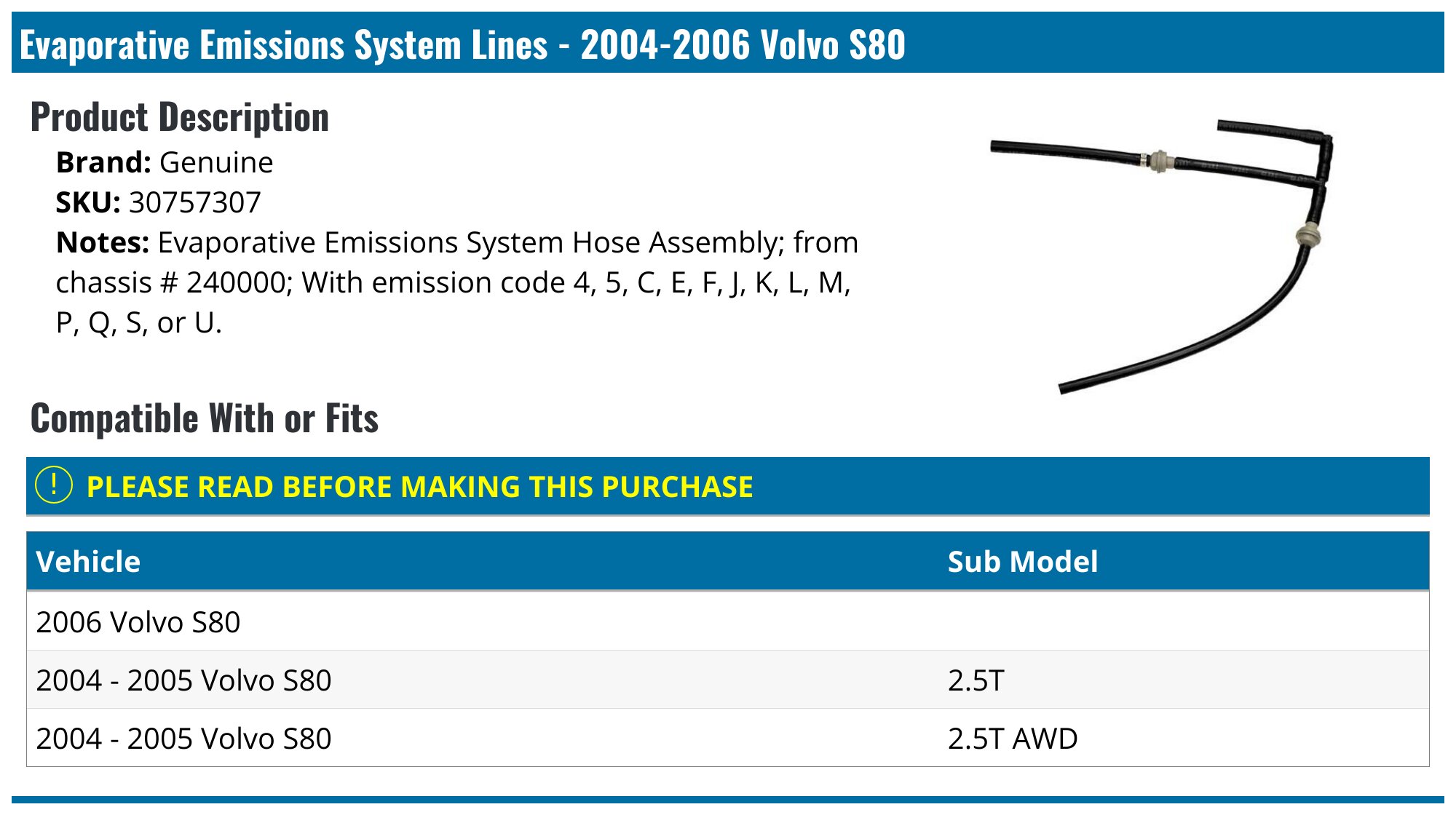 2004-2006 Volvo S80 Evaporative Emissions System Lines - Genuine ...