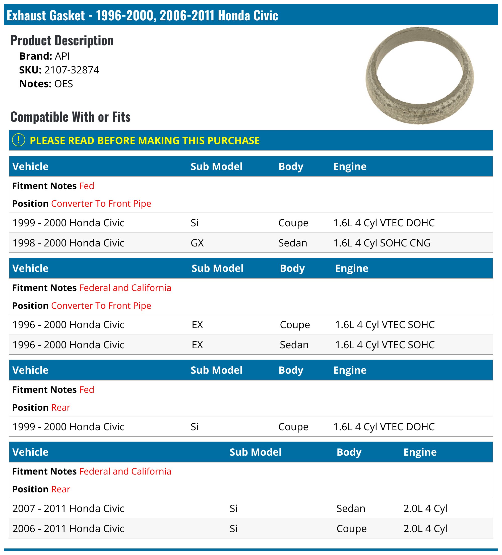 Caltric Exhaust Pipe Gasket – Honda XR600R 1993-2000 – Graphite, 48.5mm OD, OEM 18392-MJ4-670