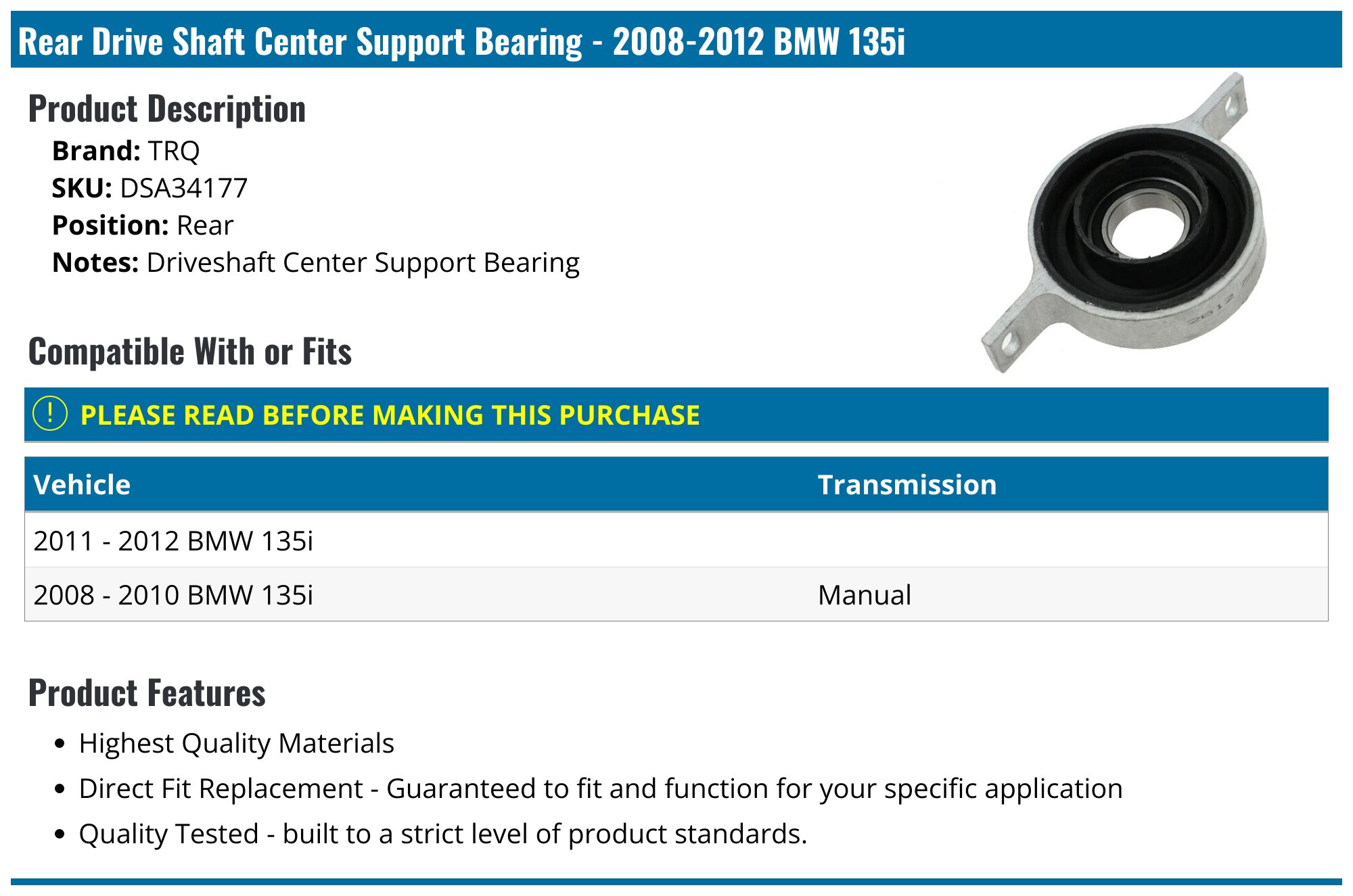 2008-2012 BMW 135i Drive Shaft Center Support Bearing - TRQ DSA34177 ...