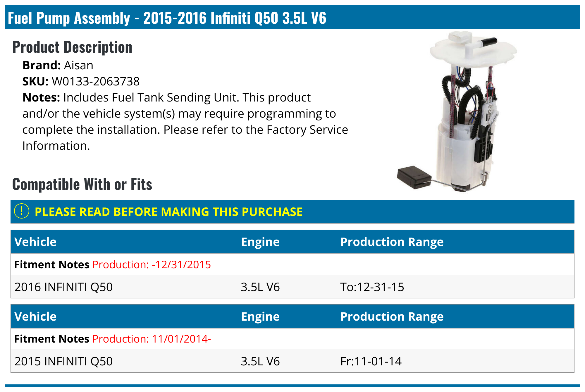 20152016 Infiniti Q50 Fuel Pump Aisan W01332063738