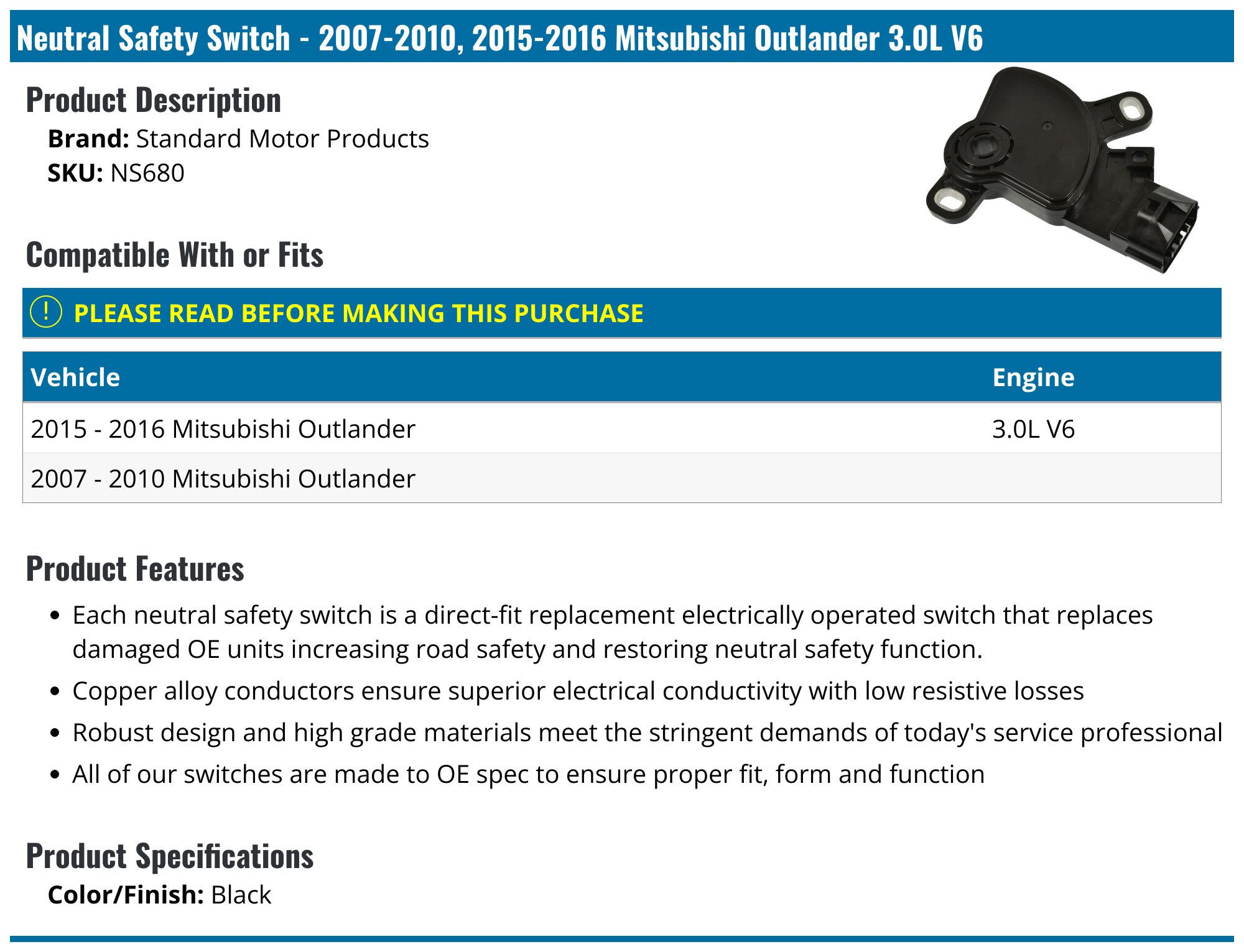 Neutral Safety Switch / Range Sensor For Mitsubishi Pajero Montero Sport V73 - MR263257