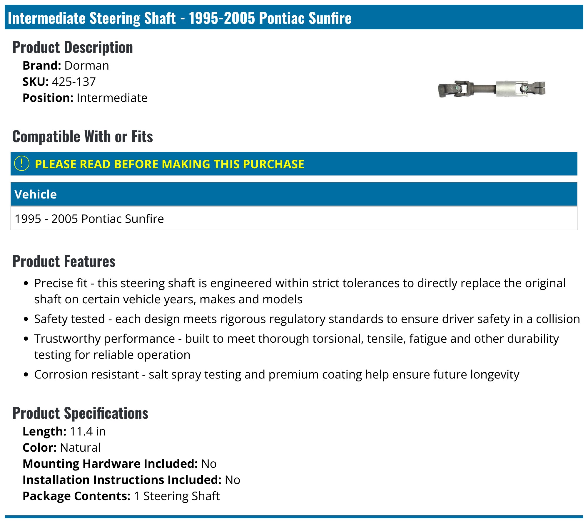 Dorman Steering Intermediate Shaft 425-137