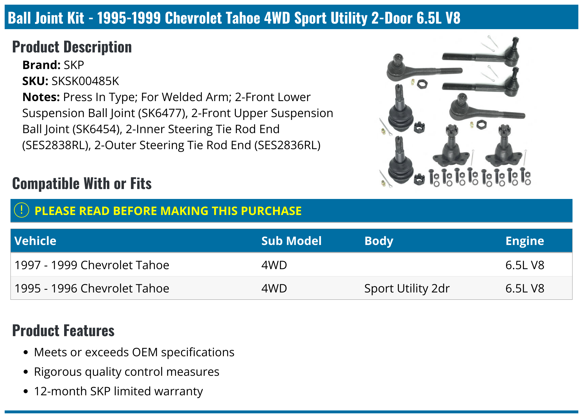 19951999 Chevrolet Tahoe Ball Joint SKP SKSK00485K