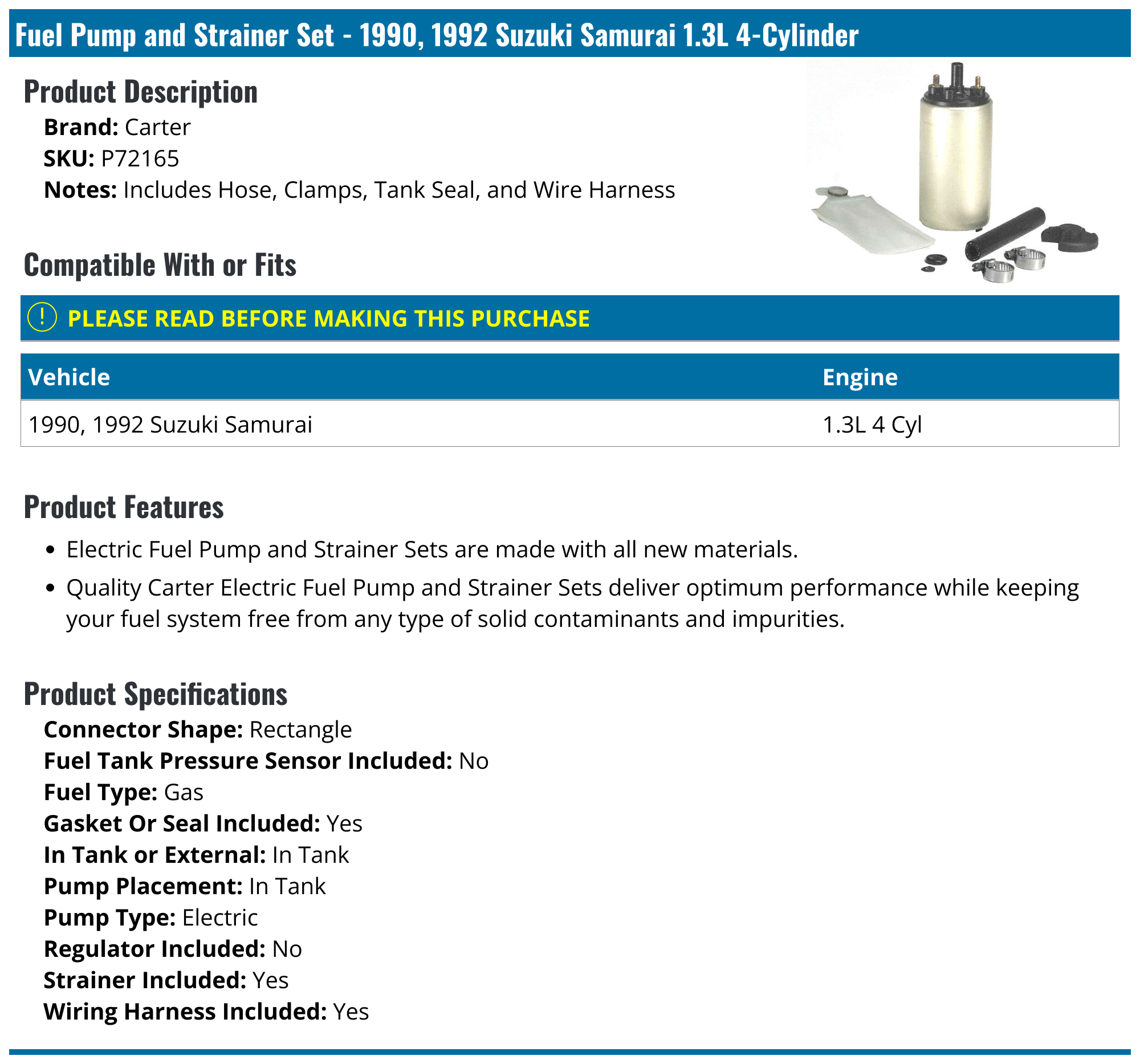 1990, 1992 Suzuki Samurai Fuel Pump Carter P72165
