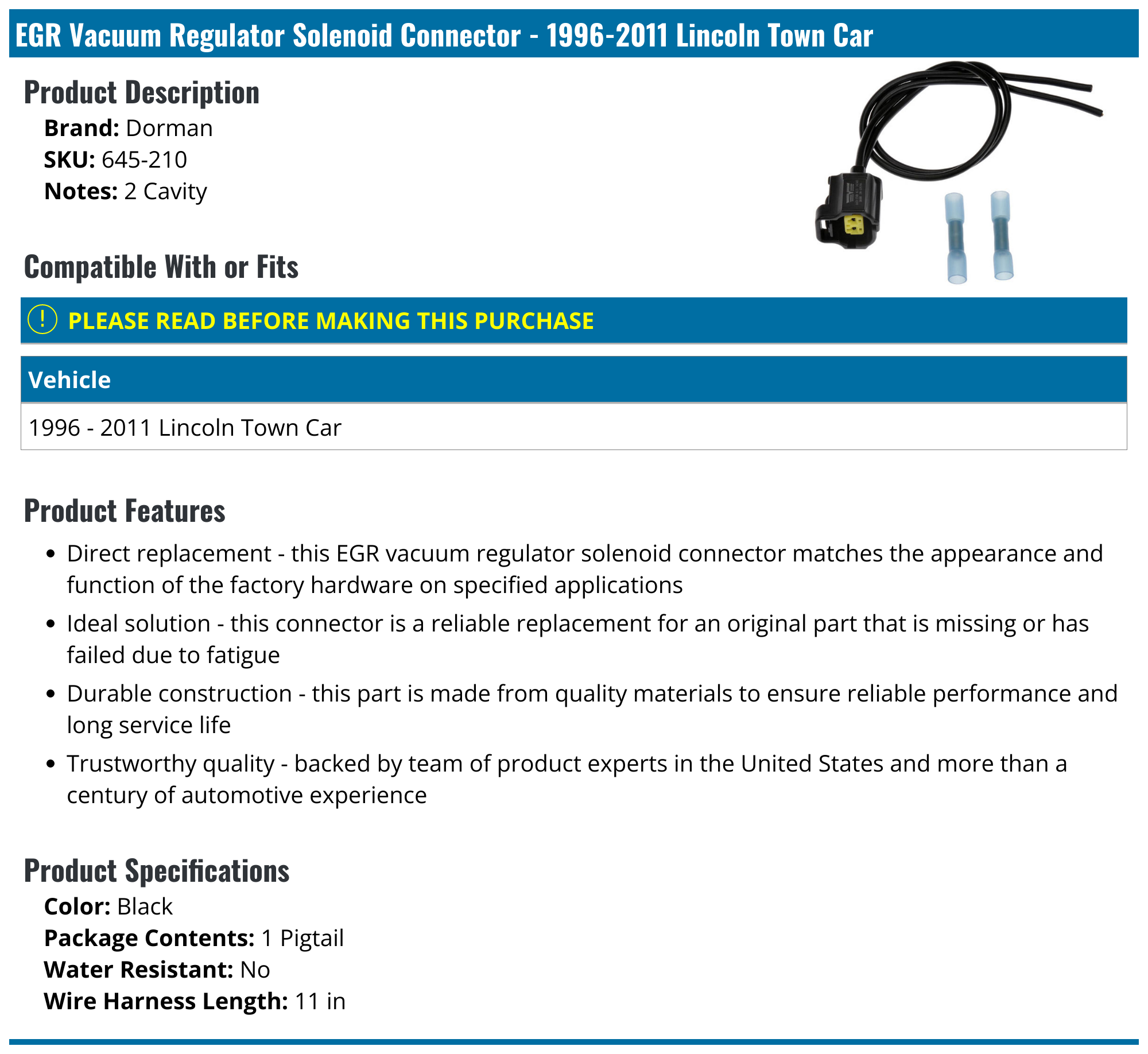 19962011 Lincoln Town Car EGR Vacuum Regulator Solenoid Connector